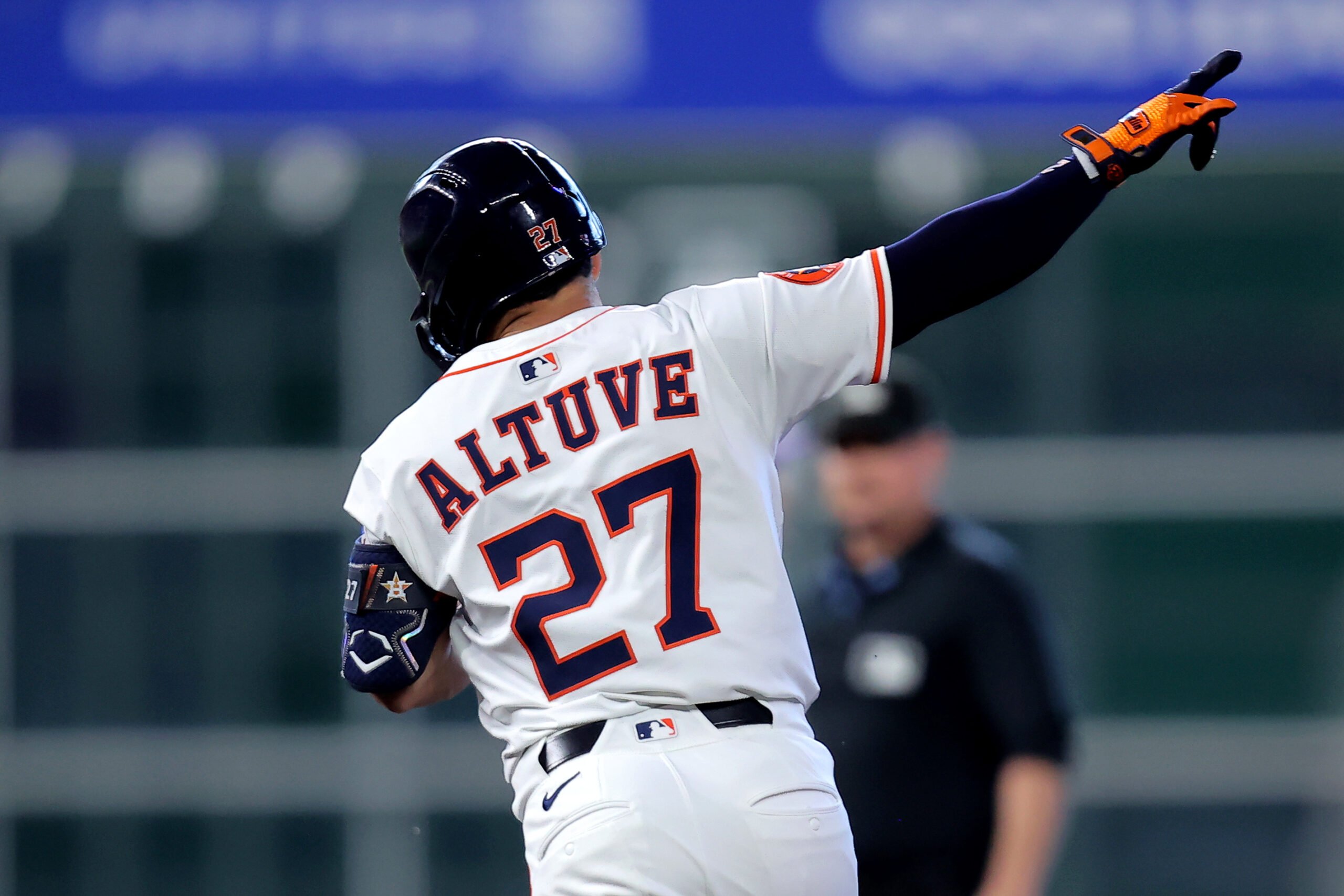 Aug 28, 2025; Houston, Texas, USA; Houston Astros designated hitter Jose Altuve (27) rounds the bases after hitting a solo home run against the Colorado Rockies during the first inning at Daikin Park. Mandatory Credit: Erik Williams-Imagn Images