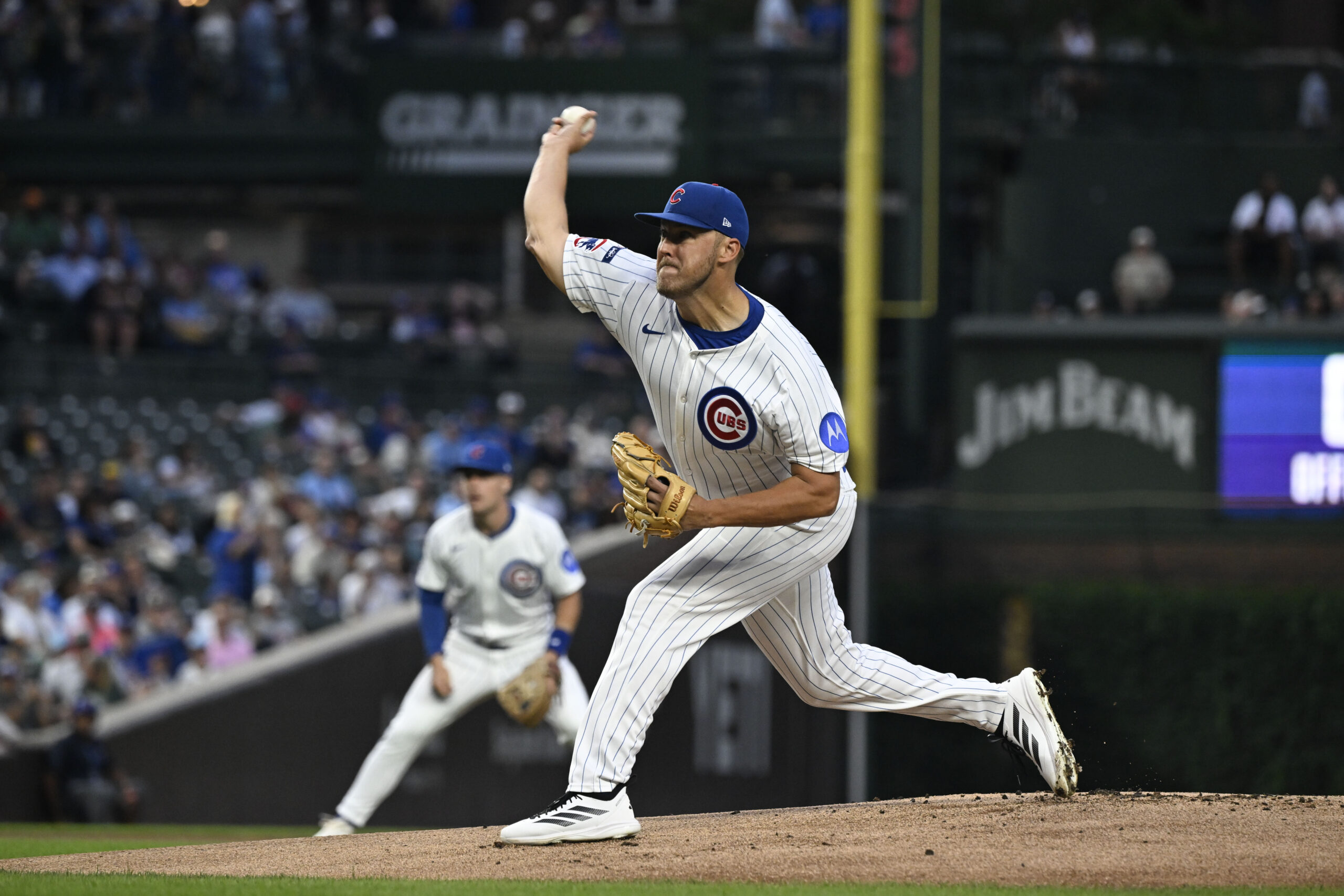 Aug 19, 2025; Chicago, Illinois, USA; Chicago Cubs pitcher Jameson Taillon (50) delivers during the first inning against the Milwaukee Brewers at Wrigley Field. Mandatory Credit: Matt Marton-Imagn Images