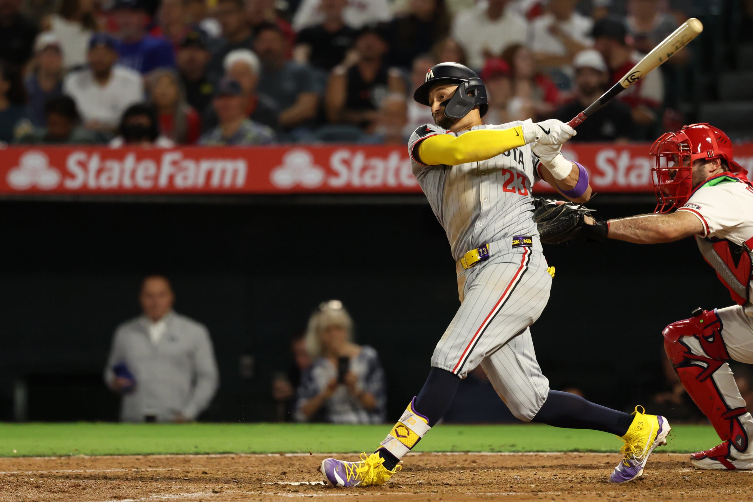 Sep 8, 2025; Anaheim, California, USA; Minnesota Twins third baseman Royce Lewis (23) hits a two-run home run during the fifth inning against the Los Angeles Angels at Angel Stadium. Mandatory Credit: Kiyoshi Mio-Imagn Images