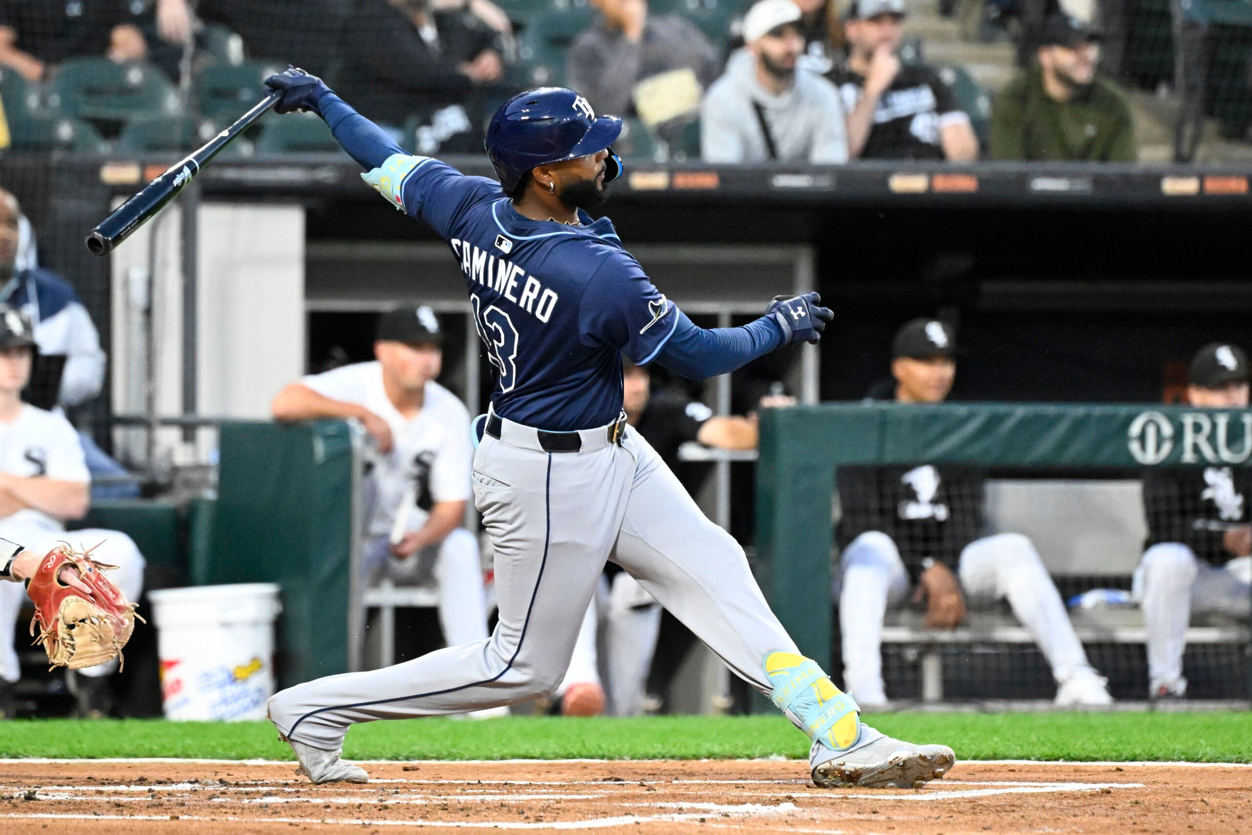 Sep 9, 2025; Chicago, Illinois, USA; Tampa Bay Rays third baseman Junior Caminero (13) doubles during the second inning against the Chicago White Sox at Rate Field. Mandatory Credit: Matt Marton-Imagn Images