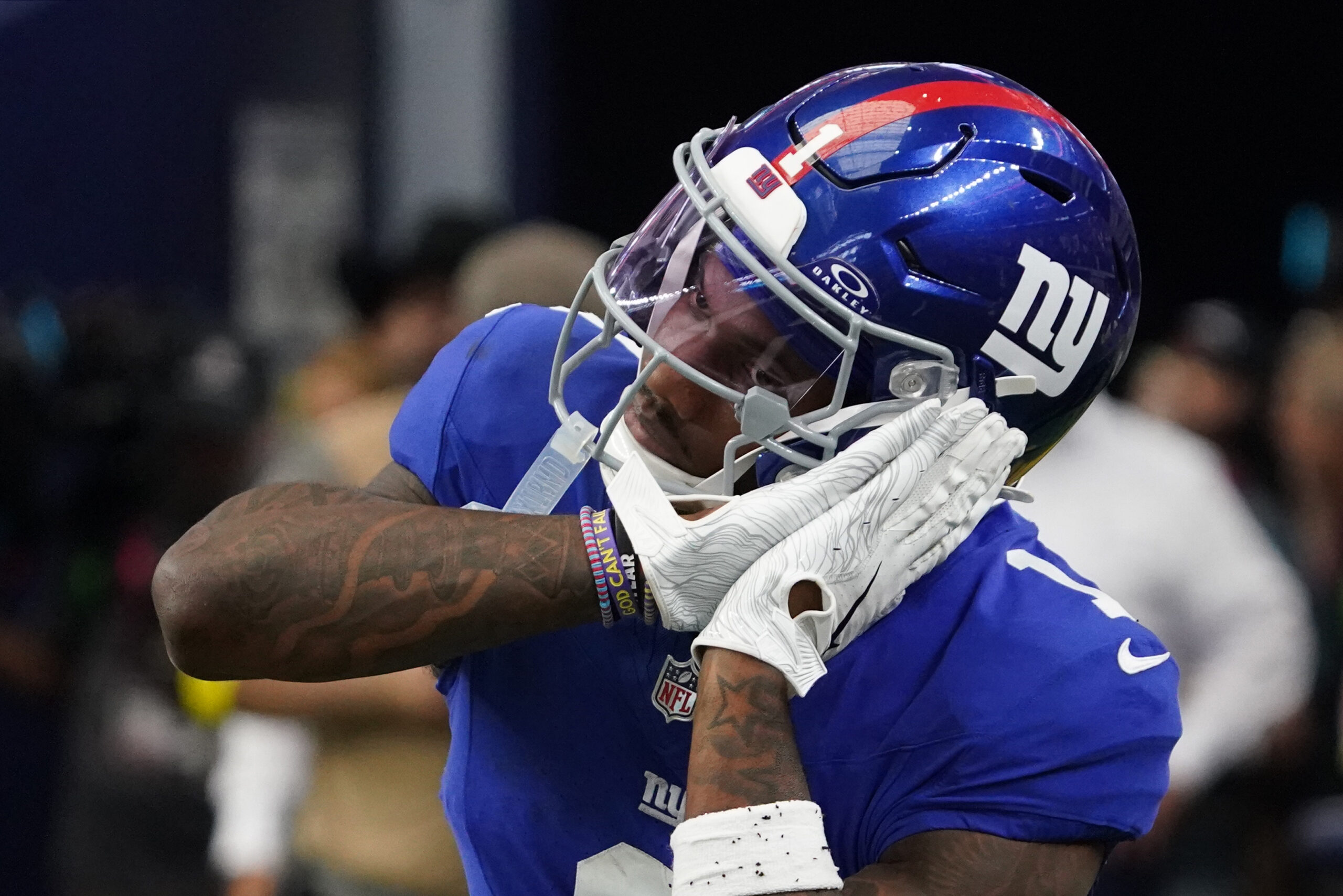 Sep 14, 2025; Arlington, Texas, USA; New York Giants wide receiver Malik Nabers (1) reacts after scoring a touchdown during the fourth quarter at AT&T Stadium. Mandatory Credit: Raymond Carlin III-Imagn Images