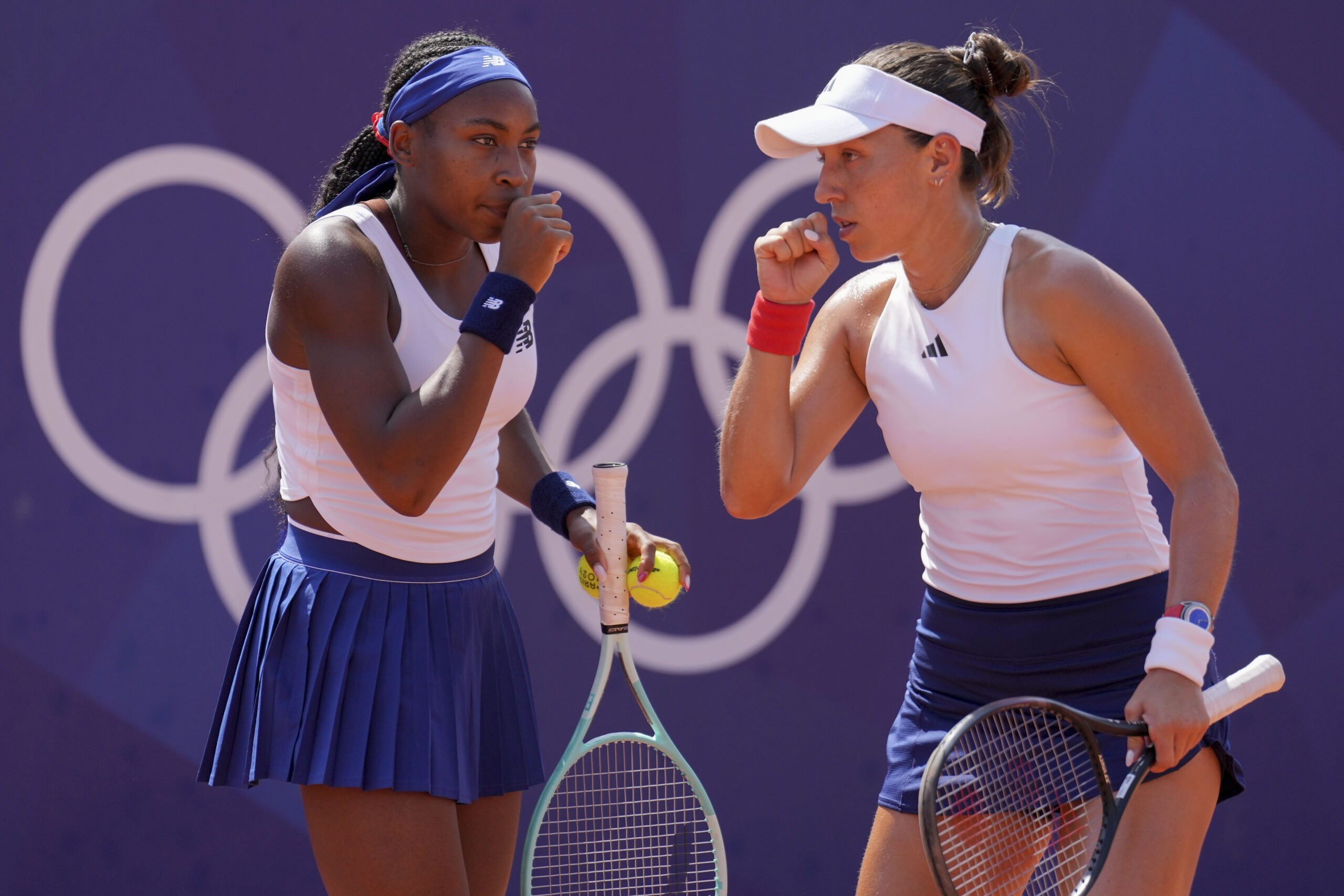 Jul 31, 2024; Paris, France; Coco Gauff (USA) and Jessica Pegula (USA) during the Paris 2024 Olympic Summer Games at Stade Roland Garros. Mandatory Credit: Kirby Lee-Imagn Images
