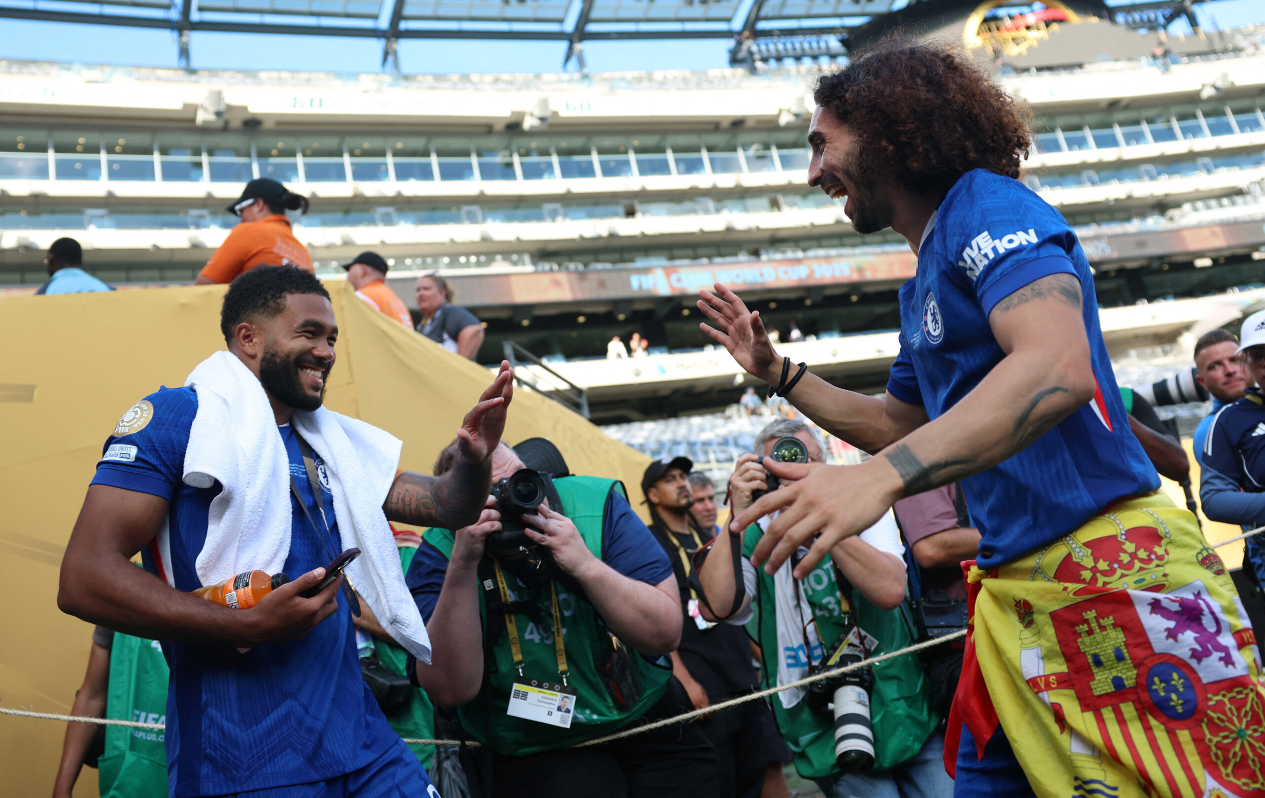 [Subscription Customers Only] Jul 13, 2025; East Rutherford, New Jersey, USA; Chelsea FC defender Reece James (24) and defender Marc Cucurella (3) celebrate after winning the final of the 2025 FIFA Club World Cup at MetLife Stadium. Mandatory Credit: Hannah Mckay-Reuters via Imagn Images