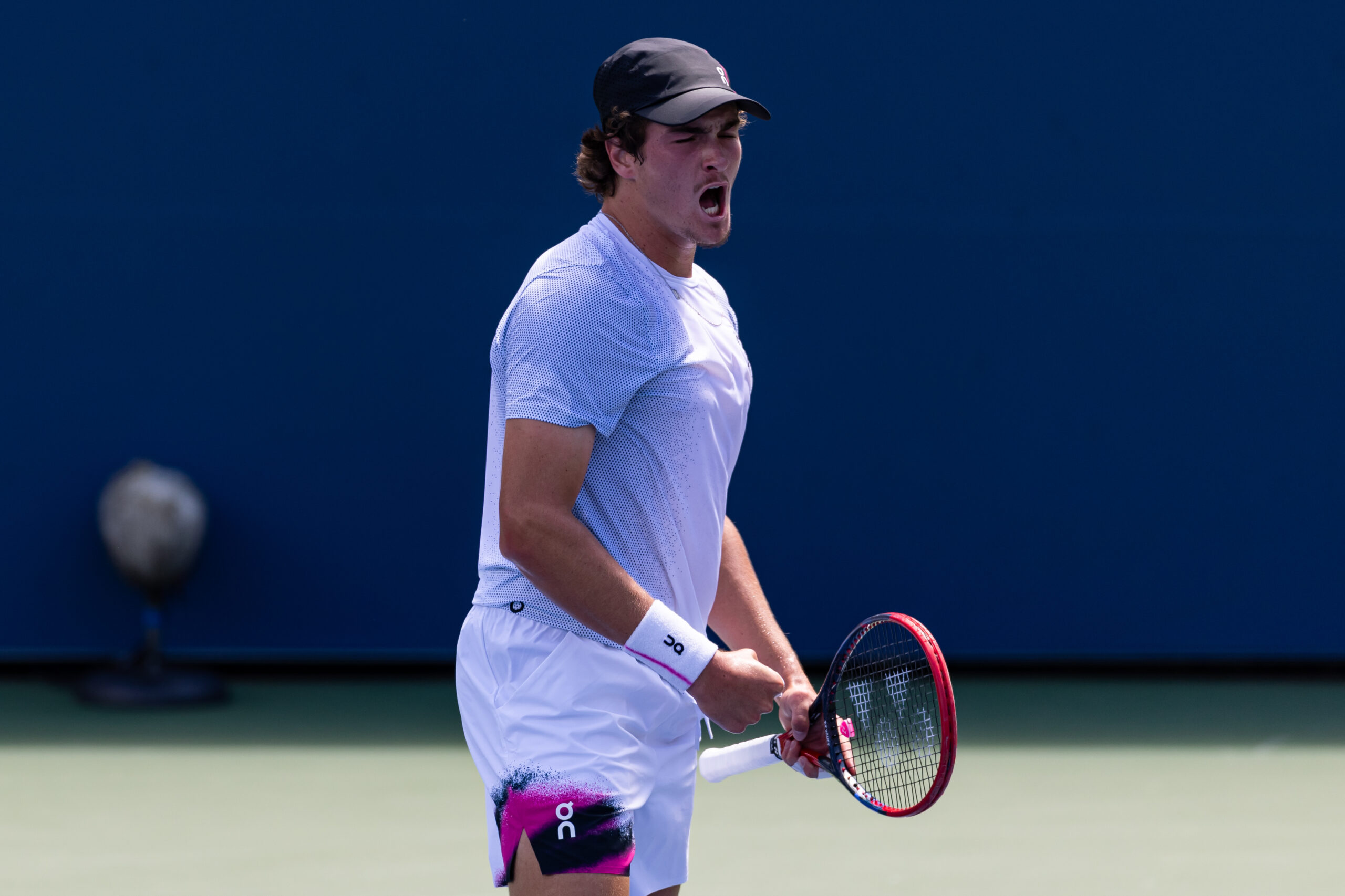 Aug 25, 2025; Flushing, NY, USA; Joao Fonseca of Brazil celebrates his victory over Miomir Kecmanovic of Serbia in the first round of the men’s singles at the US Open at Billie Jean King National Tennis Centre. Mandatory Credit: Mike Frey-Imagn Images