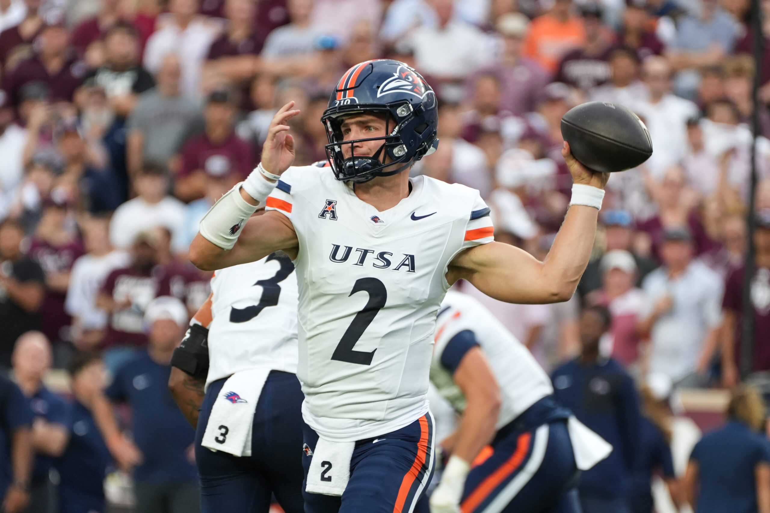 Aug 30, 2025; College Station, Texas, USA; UTSA Roadrunners quarterback Owen McCown (2) makes a throw in the first quarter agains the Texas A&M Aggies at Kyle Field. Mandatory Credit: Sean Thomas-Imagn Images