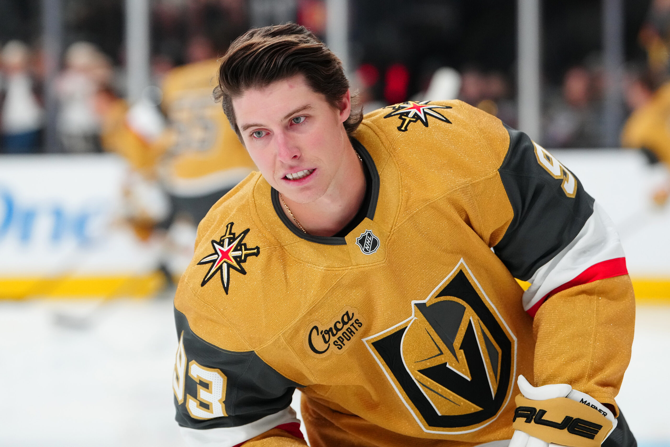 Oct 8, 2025; Las Vegas, Nevada, USA; Vegas Golden Knights right wing Mitch Marner (93) warms up before a game against the Los Angeles Kings at T-Mobile Arena. Mandatory Credit: Stephen R. Sylvanie-Imagn Images