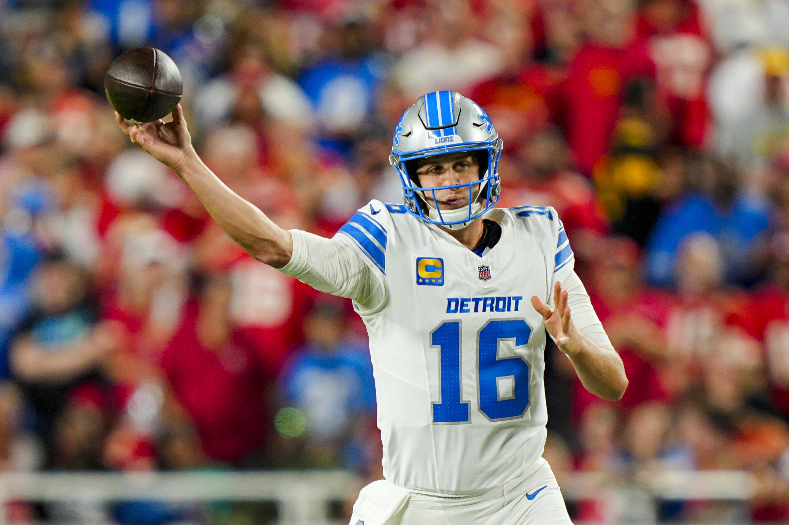 Oct 12, 2025; Kansas City, Missouri, USA; Detroit Lions quarterback Jared Goff (16) throws a pass during the first half against the Kansas City Chiefs at GEHA Field at Arrowhead Stadium. Mandatory Credit: Jay Biggerstaff-Imagn Images