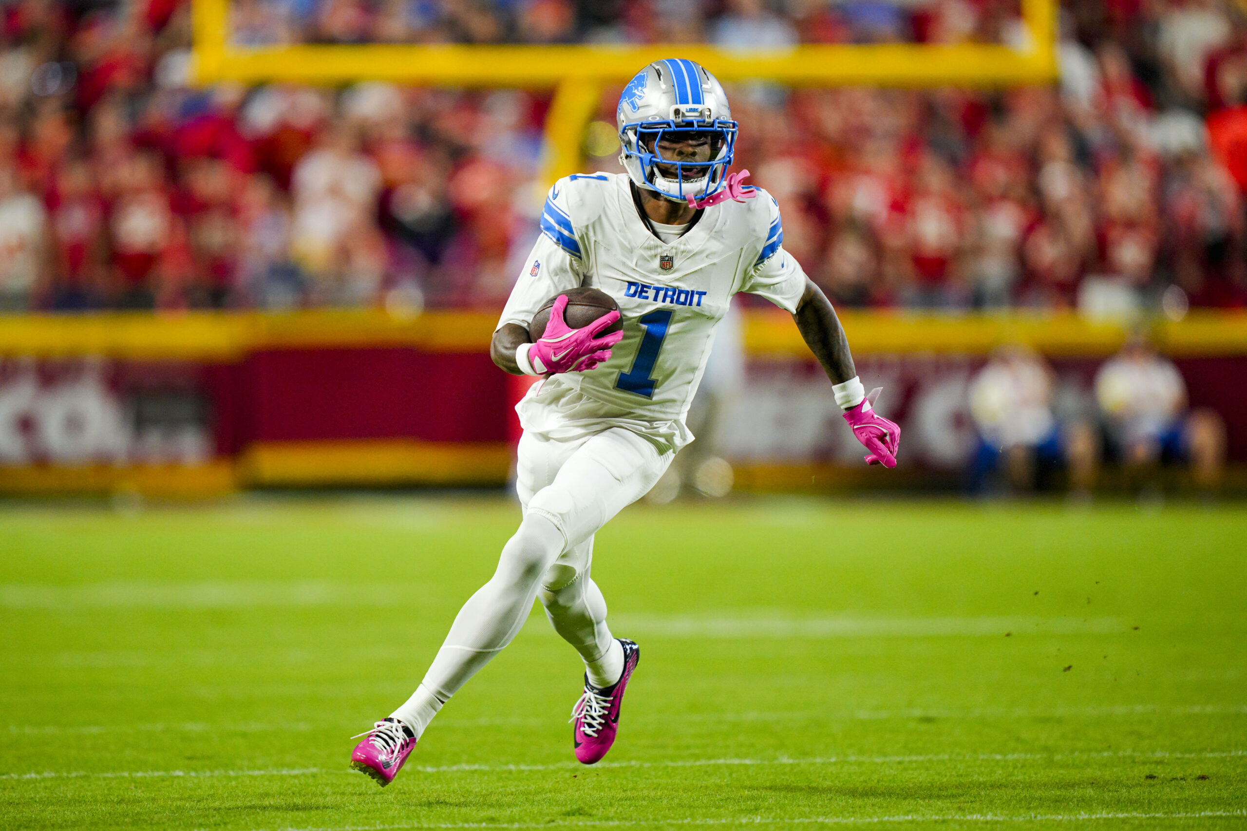 Oct 12, 2025; Kansas City, Missouri, USA; Detroit Lions wide receiver Jameson Williams (1) runs with the ball during the first half against the Kansas City Chiefs at GEHA Field at Arrowhead Stadium. Mandatory Credit: Jay Biggerstaff-Imagn Images