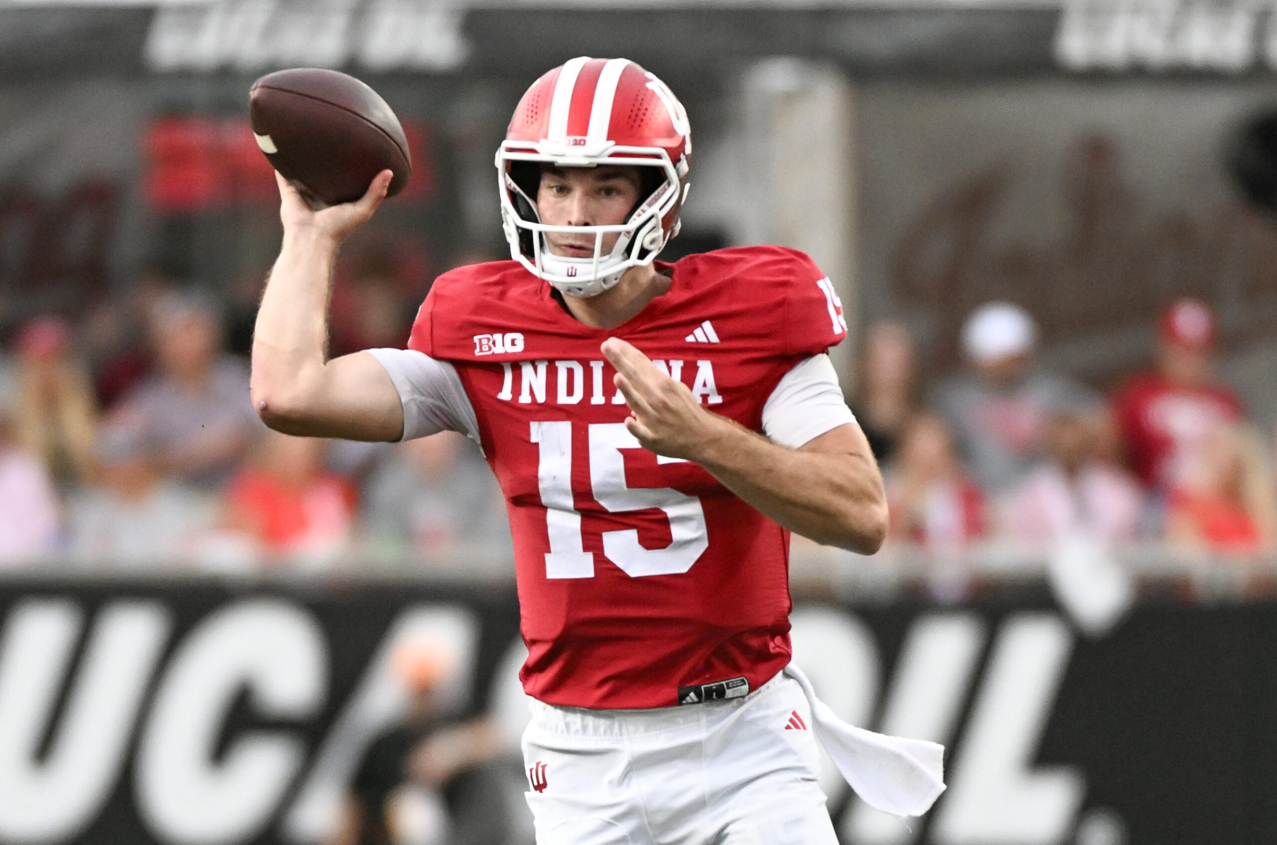 Oct 18, 2025; Bloomington, Indiana, USA; Indiana Hoosiers quarterback Fernando Mendoza (15) throws a pass during the first half against the Michigan State Spartans at Memorial Stadium. Mandatory Credit: Robert Goddin-Imagn Images