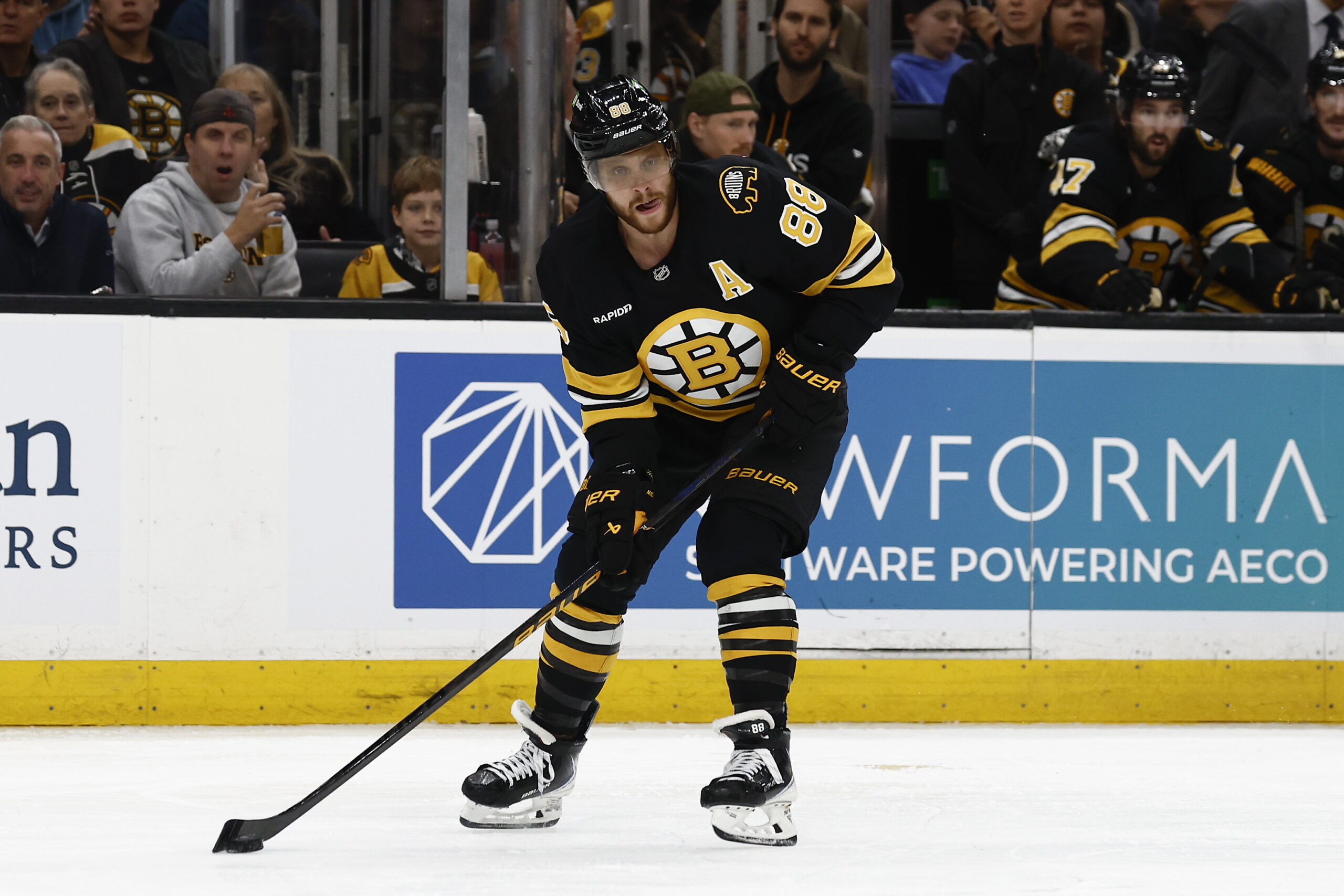 Oct 25, 2025; Boston, Massachusetts, USA; Boston Bruins right wing David Pastrnak (88) during the game against the Colorado Avalanche at TD Garden. Mandatory Credit: Winslow Townson-Imagn Images