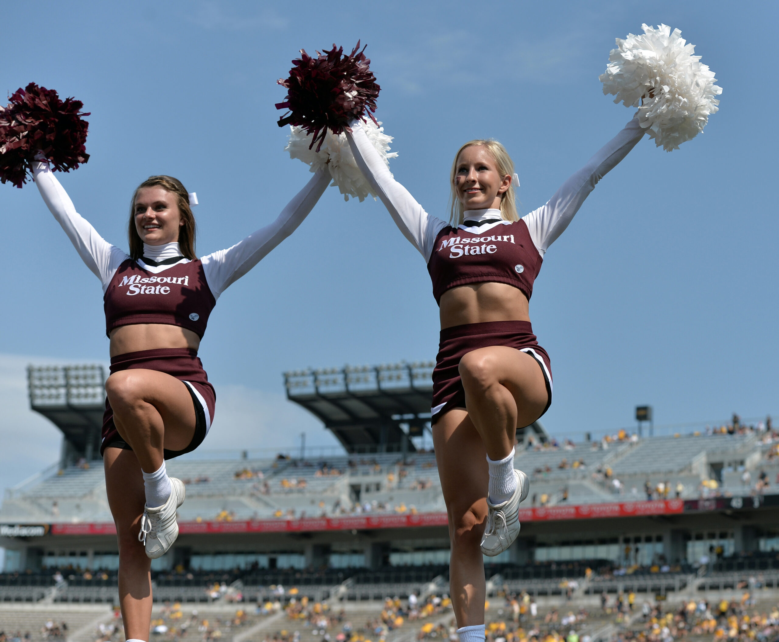Sep 2, 2017; Columbia, MO, USA; Missouri State Bears cheerleaders entertain fans during the second half against the Missouri Tigers at Faurot Field. Mandatory Credit: Denny Medley-Imagn Images