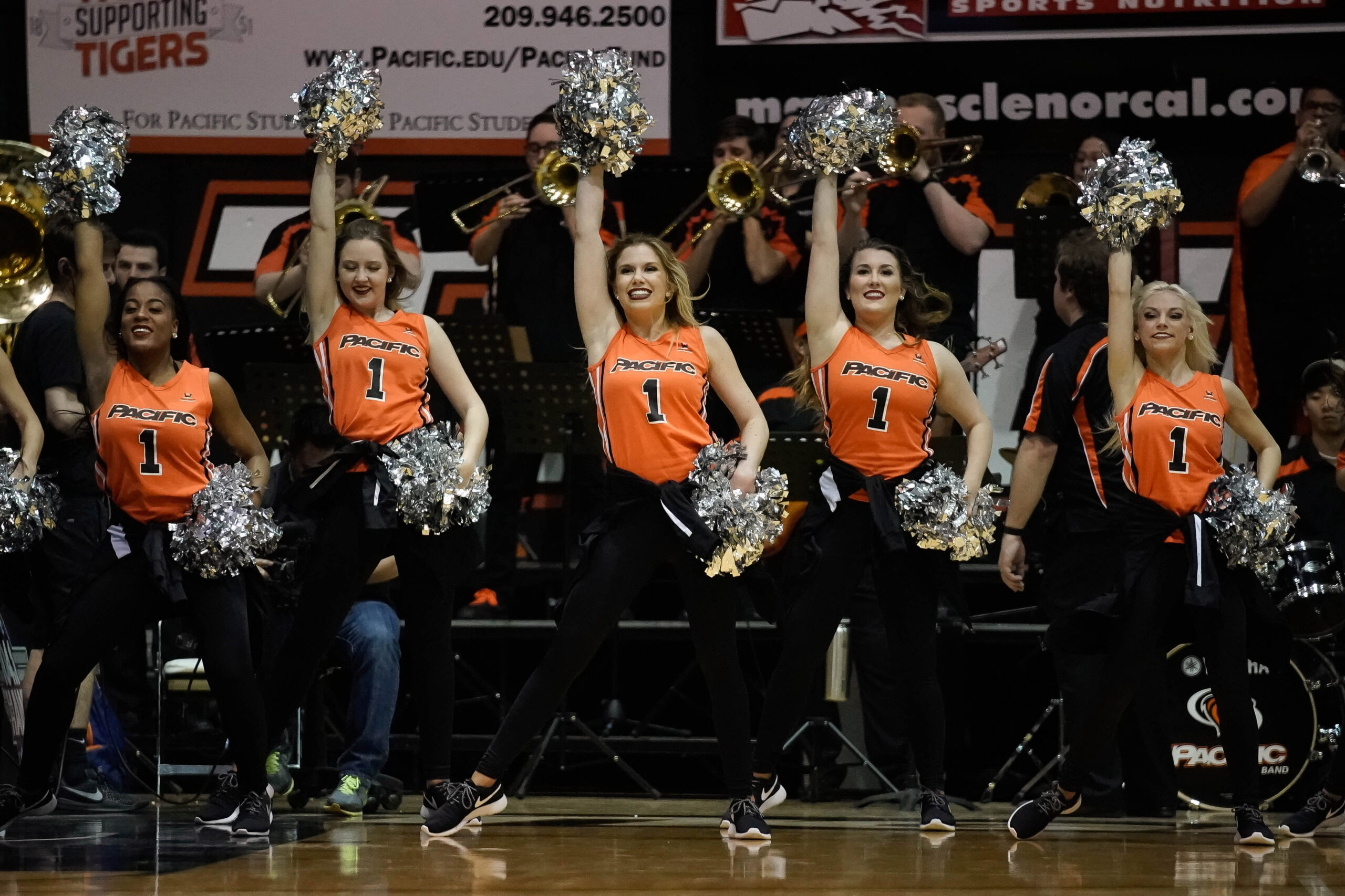 Feb 8, 2018; Stockton, CA, USA; Pacific Tigers cheerleaders perform during the first half of the game against the Gonzaga Bulldogs at Alex G. Spanos Center. Mandatory Credit: Stan Szeto-Imagn Images