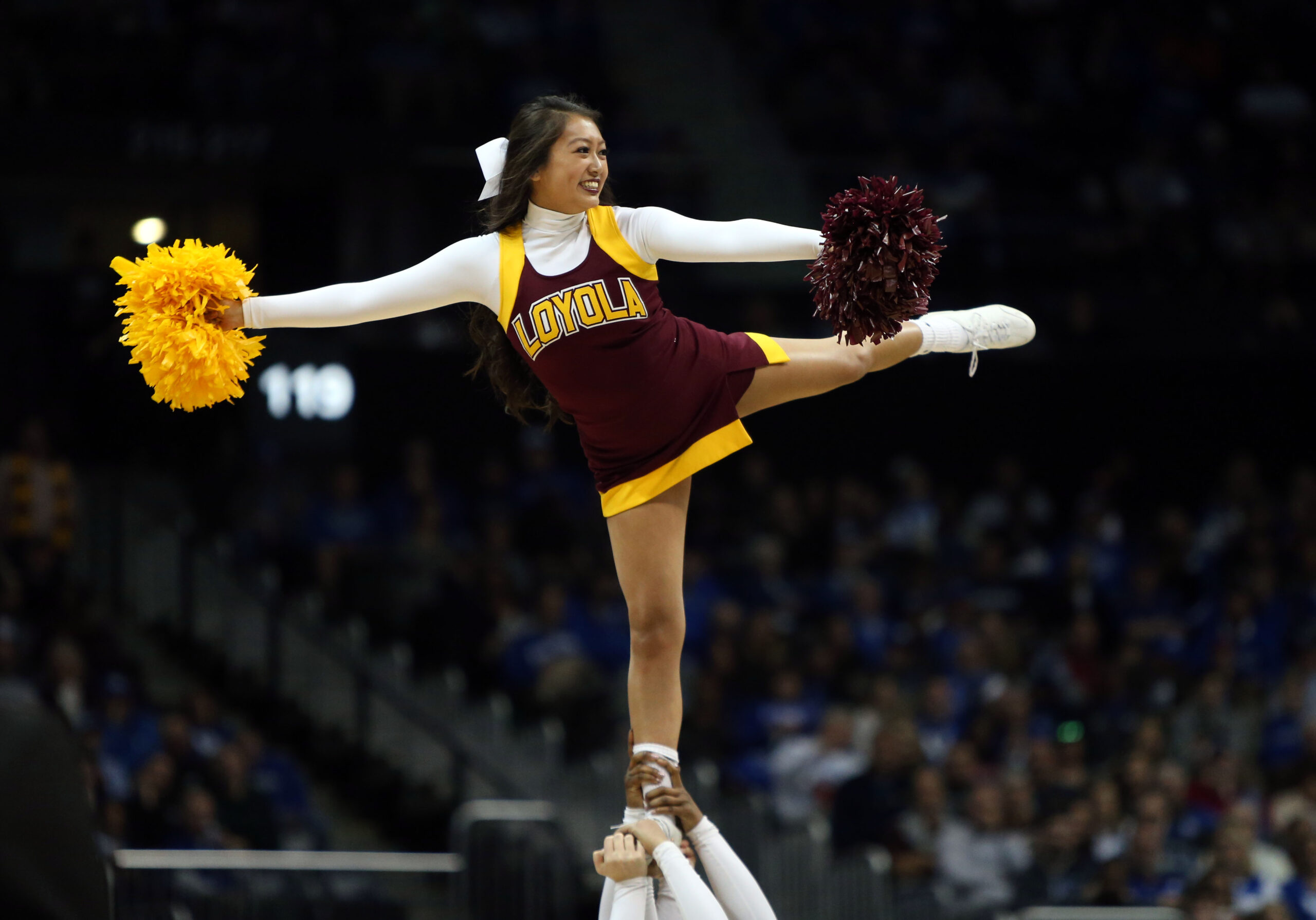 Mar 22, 2018; Atlanta, GA, USA; The Loyola Ramblers cheerleaders perform during the second half against the Nevada Wolf Pack in the semifinals of the South regional of the 2018 NCAA Tournament at Philips Arena. Mandatory Credit: Brett Davis-Imagn Images