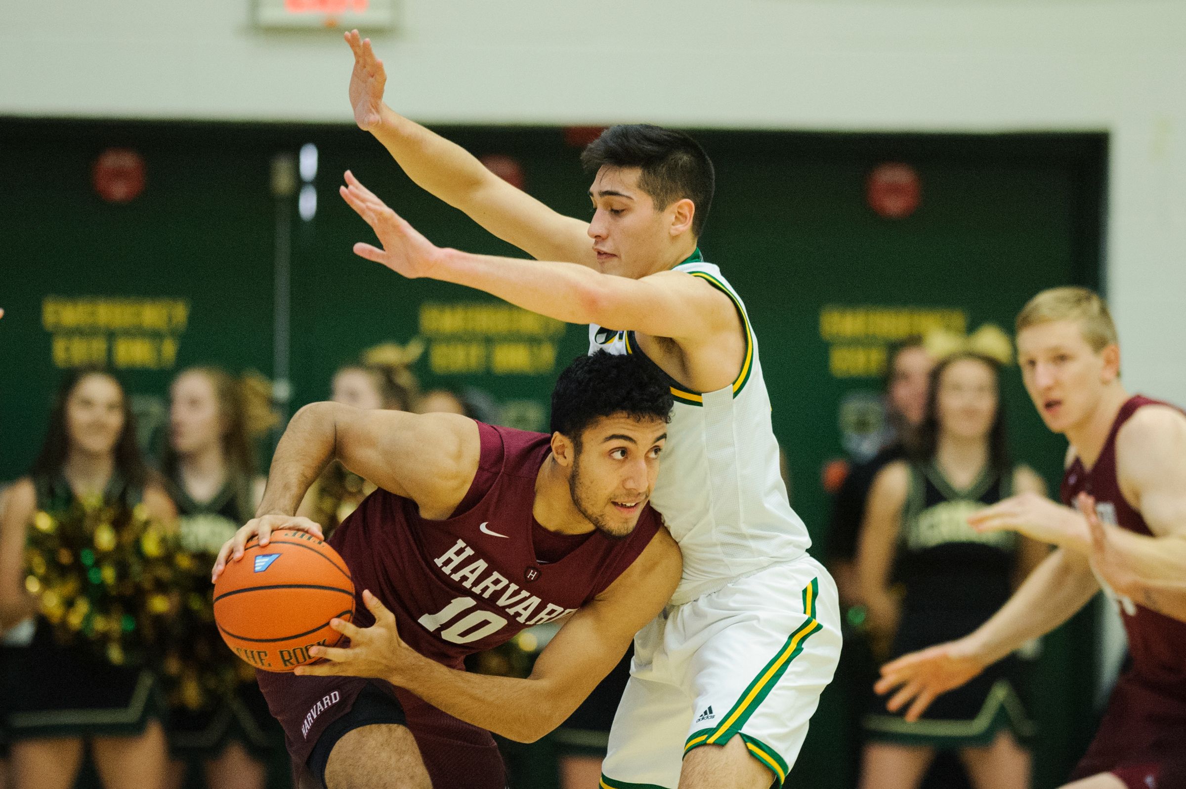 Vermont guard Robin Duncan (4) guards Harvard's Noah Kirkwood (10) during the men's basketball between the Harvard Crimson and the Vermont Catamounts at Patrick Gym on Saturday night December 8, 2018 in Burlington.
Harvard Vs Vermont Men S Basketball 12 8 18