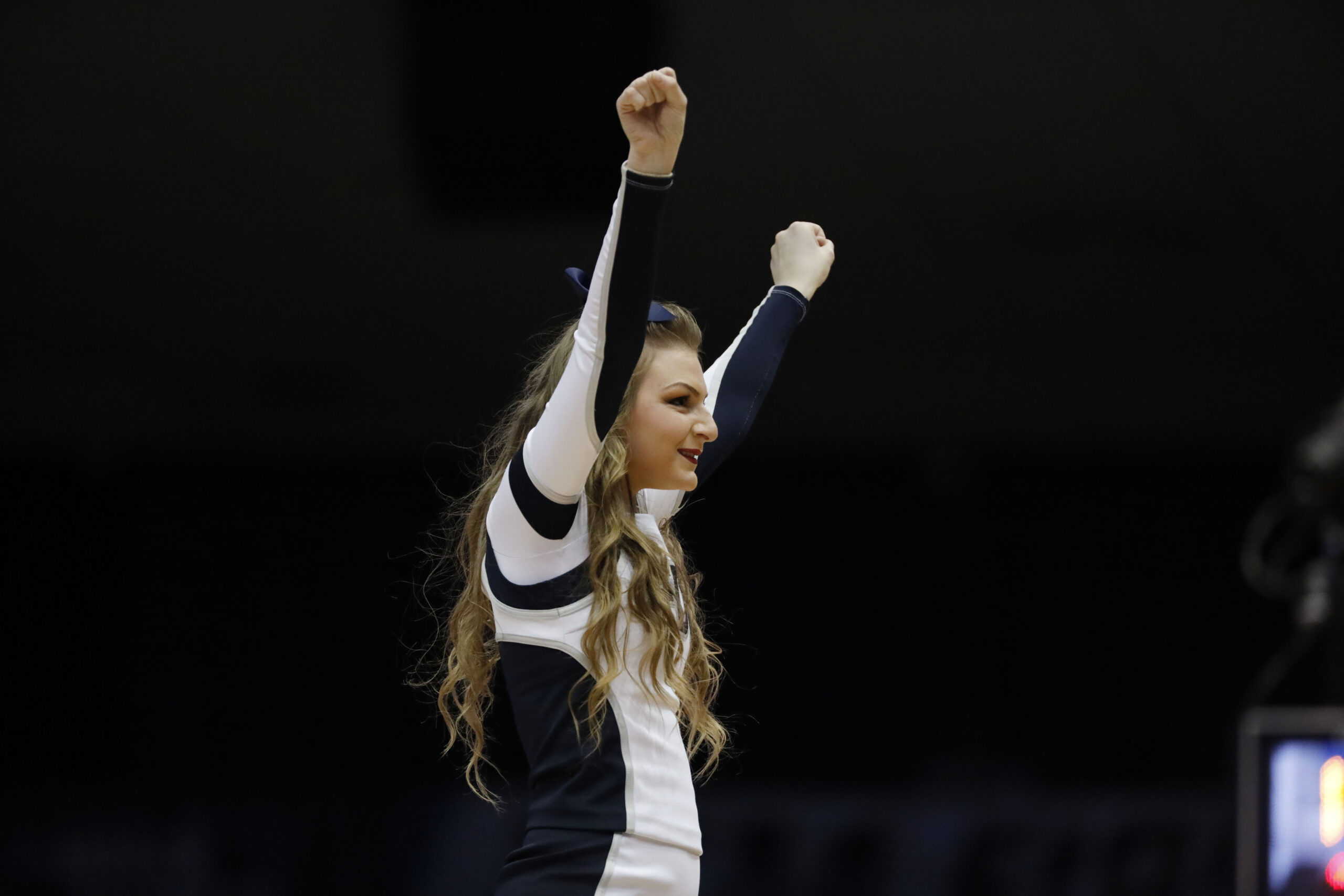Mar 19, 2019; Dayton, OH, USA; Fairleigh Dickinson Knights cheerleader in the game against the Prairie View A&M Panthers in the first half in the First Four of the 2019 NCAA Tournament at Dayton Arena. Mandatory Credit: Rick Osentoski-Imagn Images