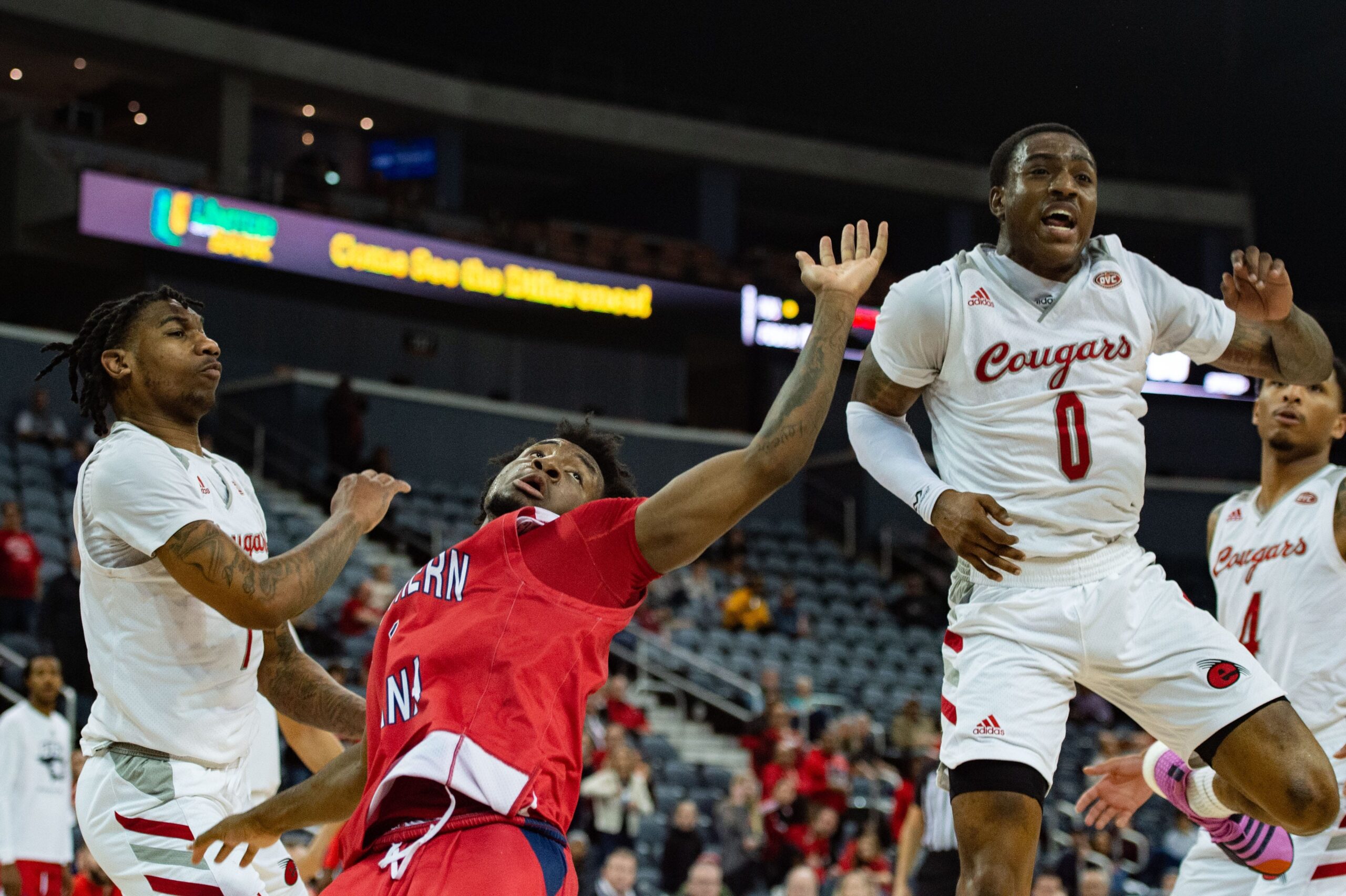 Southern Indiana s Isaiah Swope (1) misses the rebound by as it s caught by the Southern Illinois University Edwardsville Cougars during the Ohio Valley Conference on Wednesday night, March 1, 2023.
Usi Siue Ovc 030123 0895