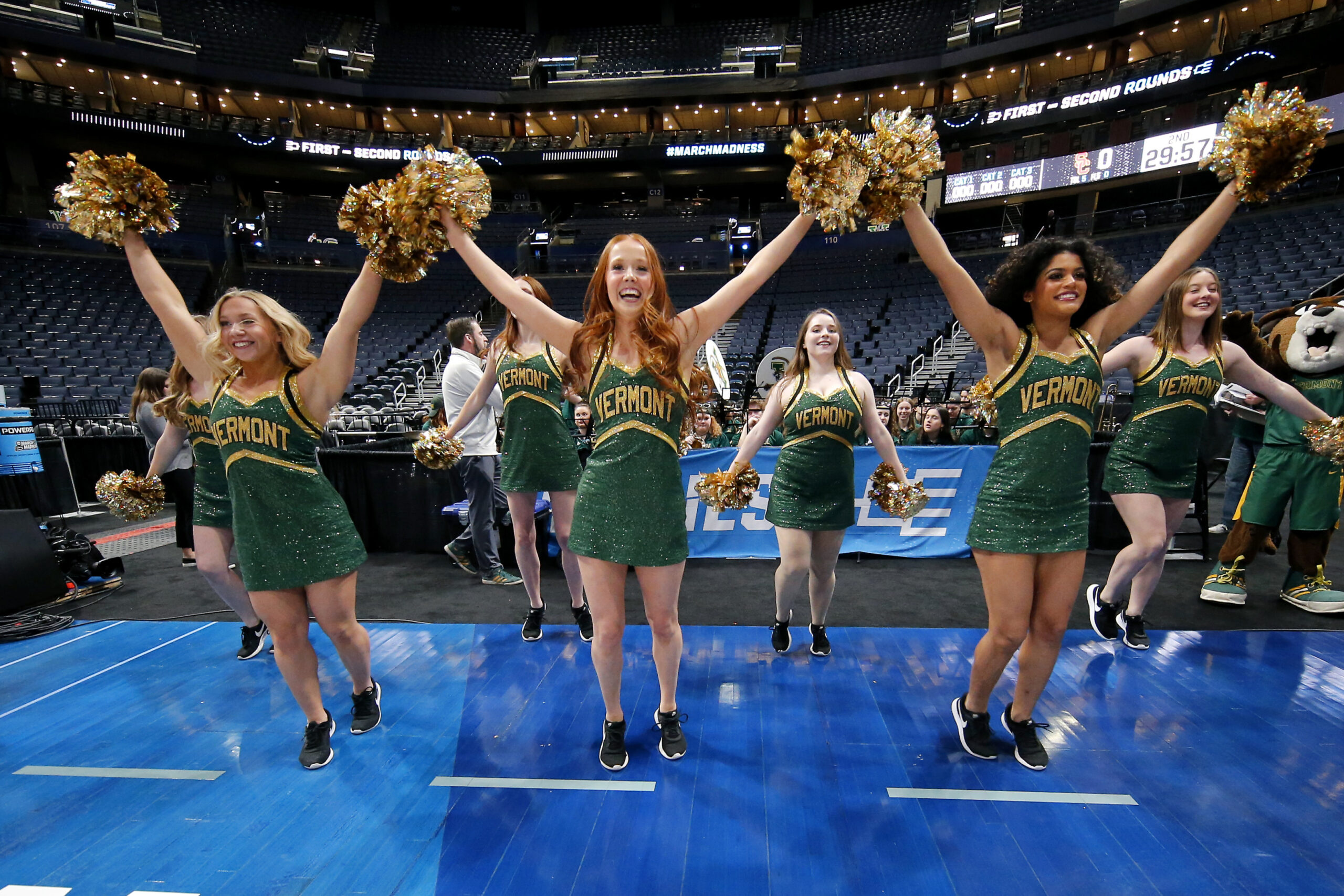 Mar 16, 2023; Columbus, OH, USA; Vermont Catamounts cheerleaders during NCAA Tournament First Round Columbus Practice at Nationwide Arena. Mandatory Credit: Joseph Maiorana-Imagn Images