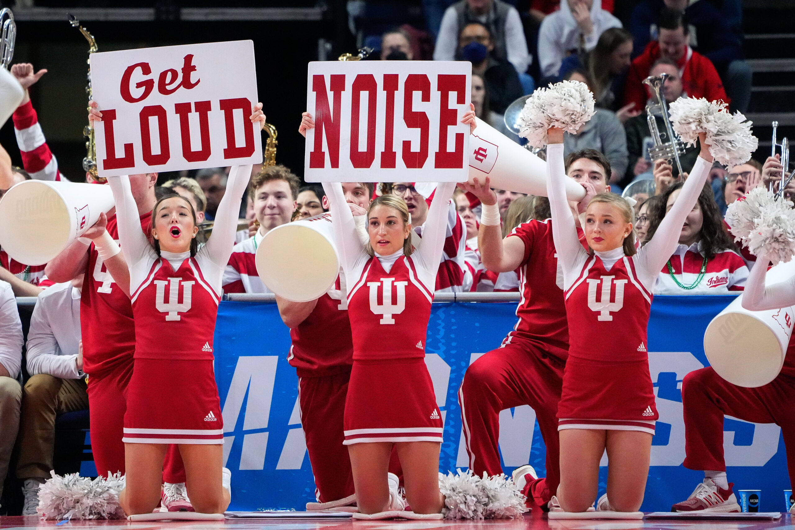 Mar 17, 2023; Albany, NY, USA; Indiana Hoosiers cheerleaders in the first half against the Kent State Golden Flashes at MVP Arena. Mandatory Credit: Gregory Fisher-Imagn Images