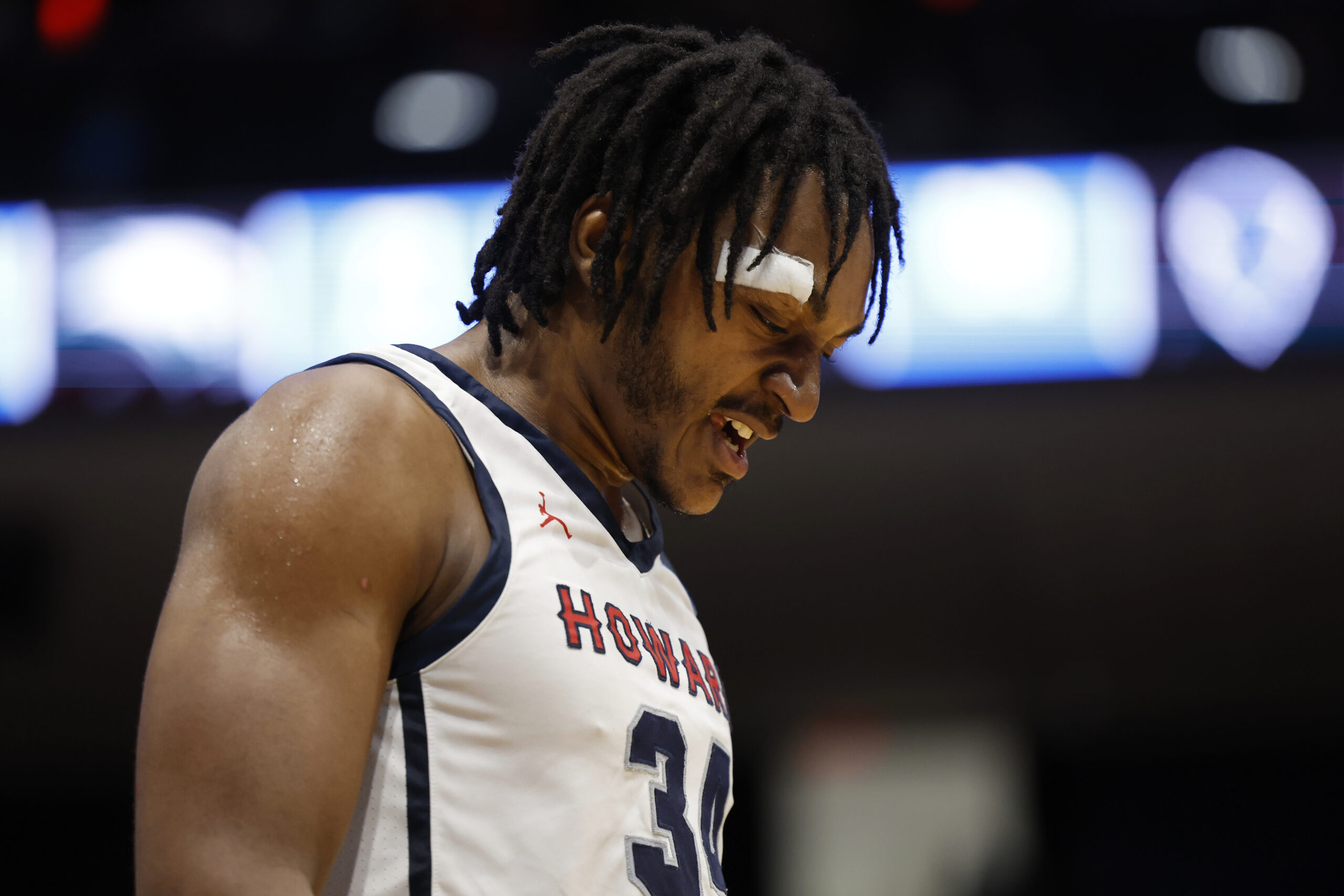 Mar 19, 2024; Dayton, OH, USA; Howard Bison guard Bryce Harris (34) reacts after being defeated by Wagner Seahawks at UD Arena. Mandatory Credit: Rick Osentoski-Imagn Images