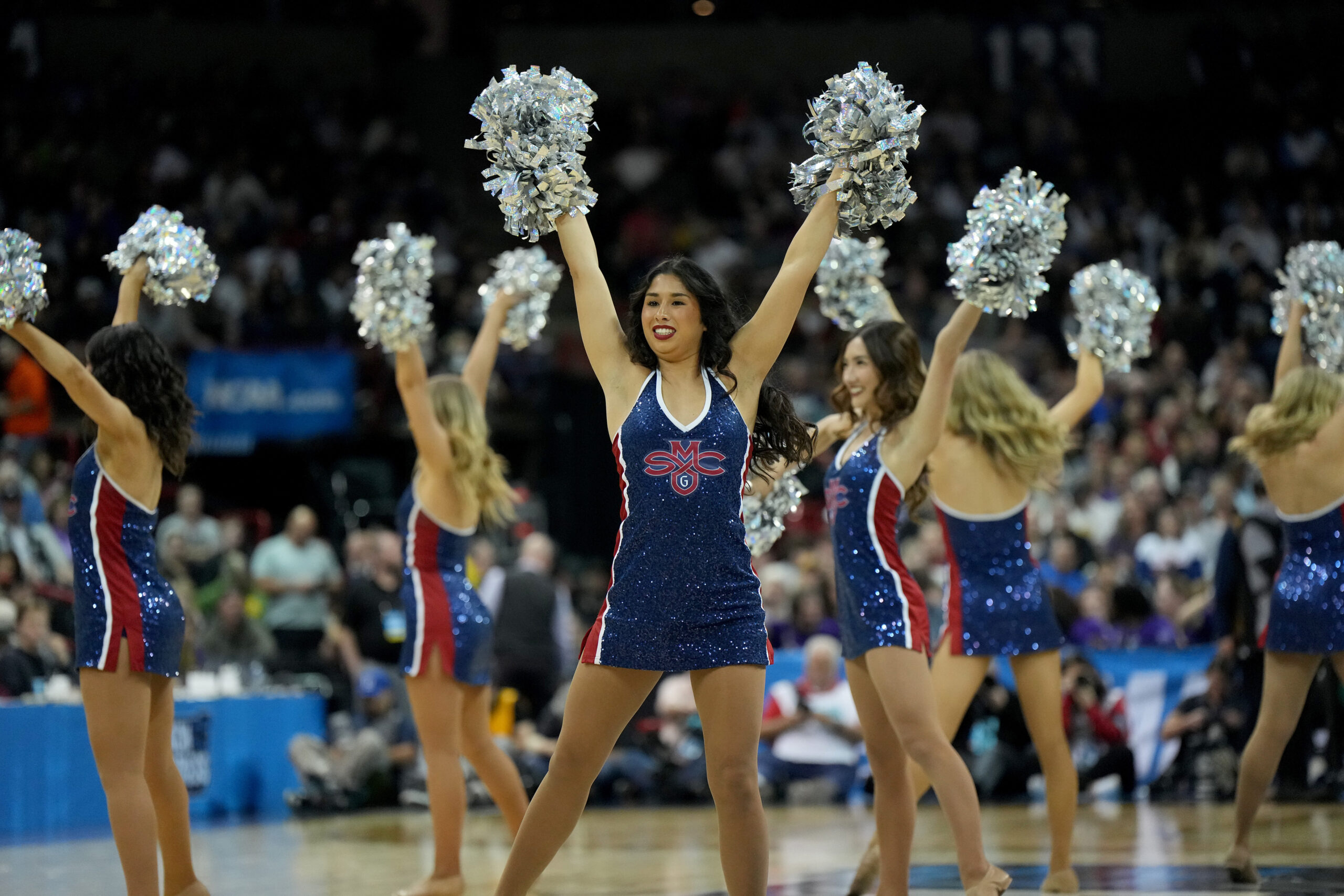 Mar 22, 2024; Spokane, WA, USA; St. Mary's Gaels cheerleaders during the first half in the first round of the 2024 NCAA Tournament against the Grand Canyon Antelopes at Spokane Veterans Memorial Arena. Mandatory Credit: Kirby Lee-Imagn Images