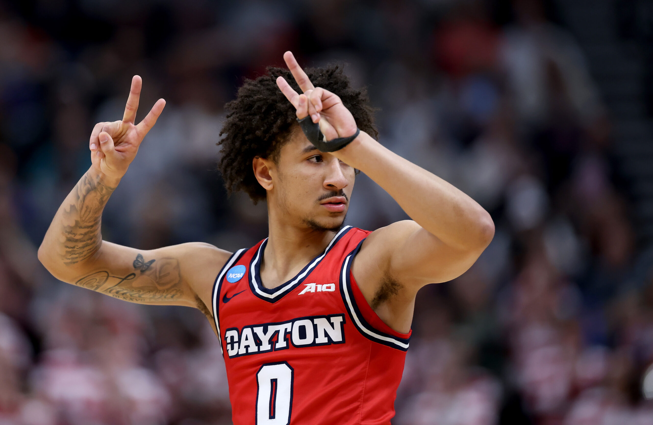 Mar 23, 2024; Salt Lake City, UT, USA; Dayton Flyers guard Javon Bennett (0) during the second half in the second round of the 2024 NCAA Tournament against the Arizona Wildcats at Vivint Smart Home Arena-Delta Center. Mandatory Credit: Rob Gray-Imagn Images
