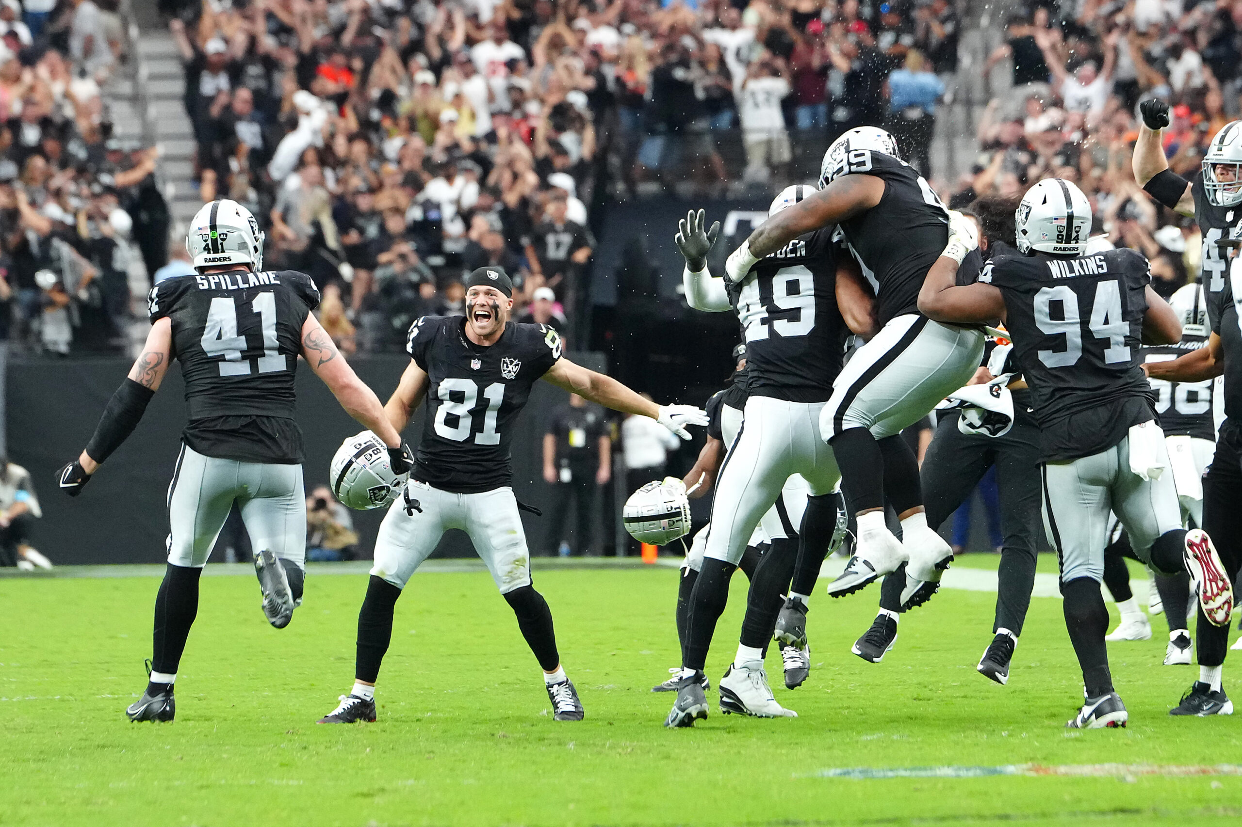 Sep 29, 2024; Paradise, Nevada, USA; The Las Vegas Raiders celebrate after stopping the Cleveland Browns on fourth down in the the fourth quarter at Allegiant Stadium. Mandatory Credit: Stephen R. Sylvanie-Imagn Images