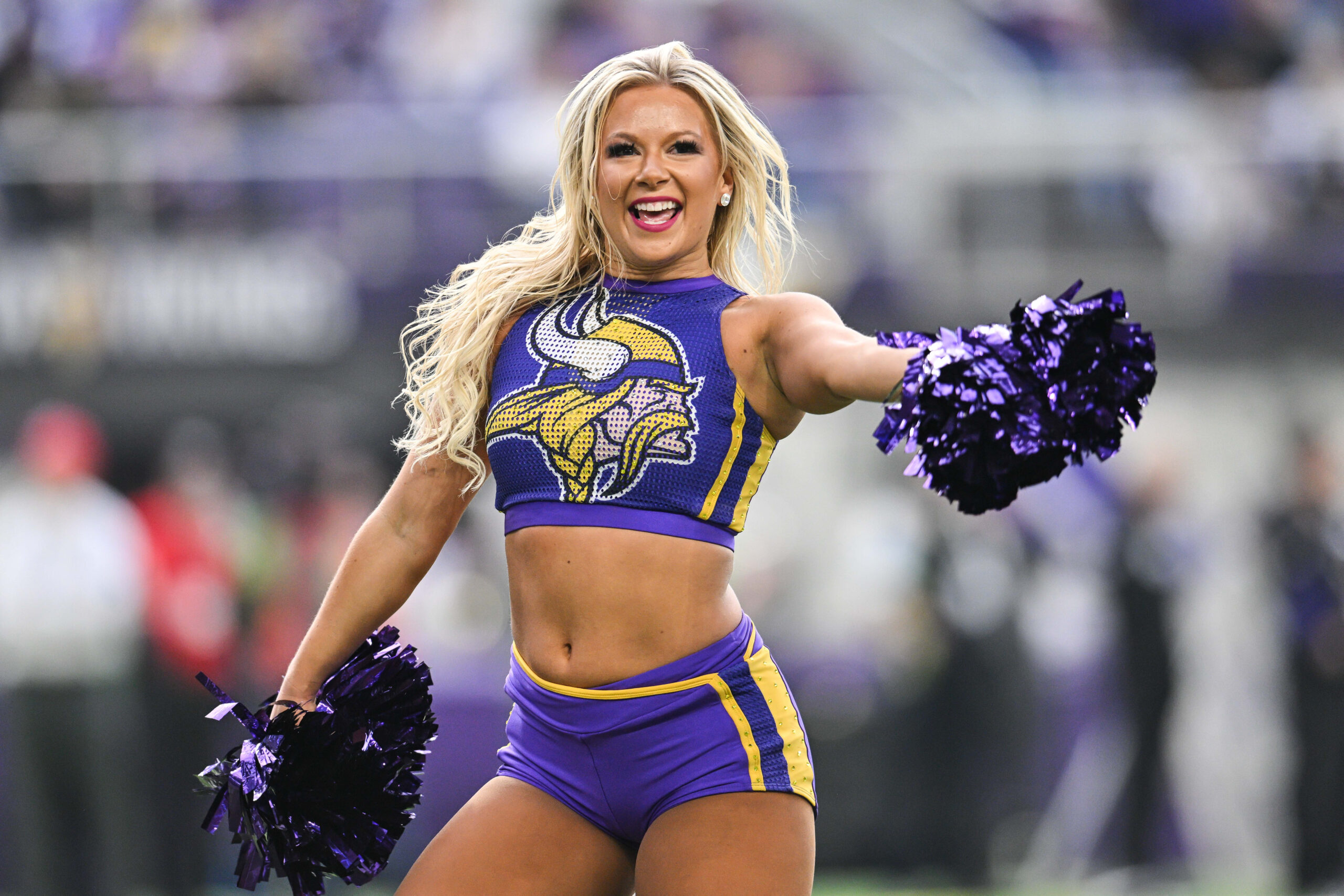 Dec 8, 2024; Minneapolis, Minnesota, USA; Minnesota Vikings cheerleaders react with the crowd during the first quarter against the Atlanta Falcons at U.S. Bank Stadium. Mandatory Credit: Jeffrey Becker-Imagn Images