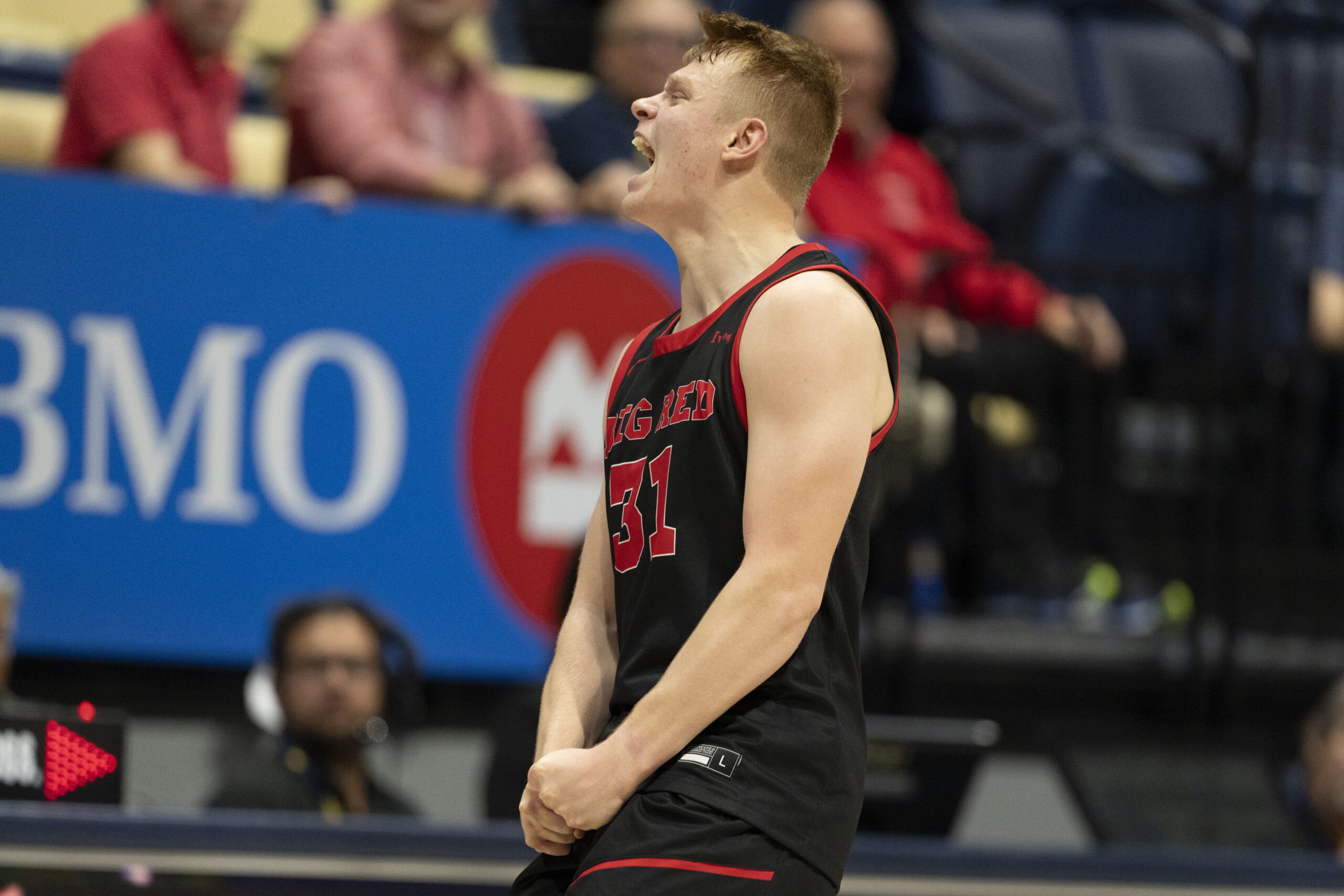 December 10, 2024; Berkeley, California, USA; Cornell Big Red guard Cooper Noard (31) celebrates after the game against the California Golden Bears at Haas Pavilion. Mandatory Credit: Kyle Terada-Imagn Images