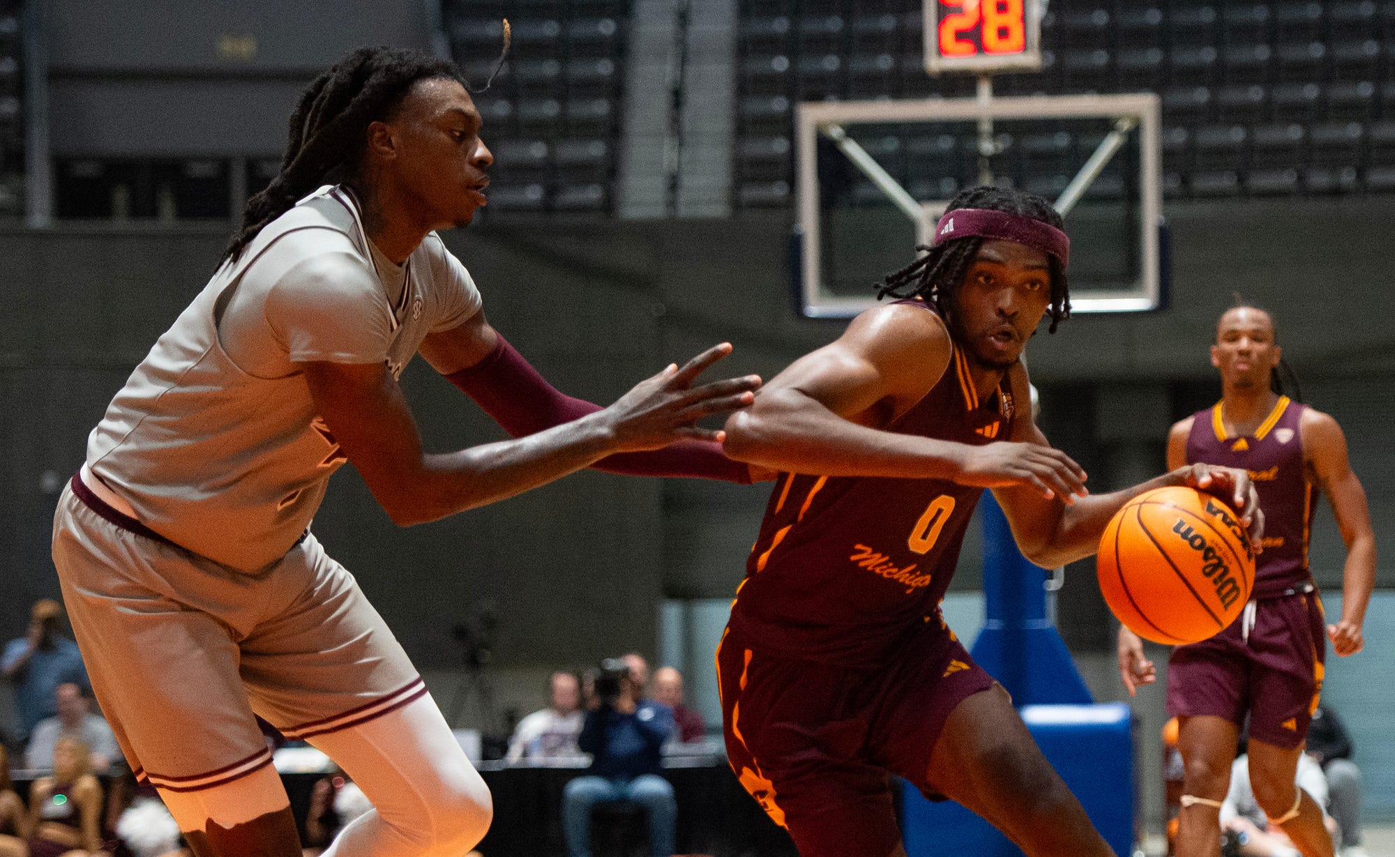 Central Michigan's guard/forward Jakobi Heady (0) runs the ball during the game against Mississippi State at the Mississippi Coliseum in Jackson, Miss., on Tuesday, Dec. 17, 2024.