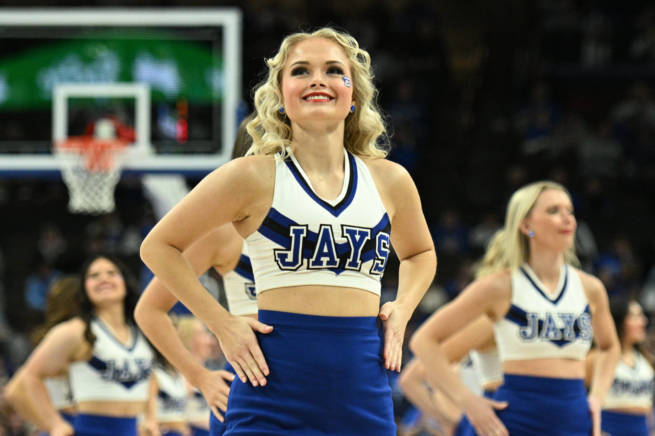 Jan 14, 2025; Omaha, Nebraska, USA; Cheerleaders for the Creighton Bluejays perform during a break in the game against the Providence Friars during the second half at CHI Health Center Omaha. Mandatory Credit: Steven Branscombe-Imagn Images