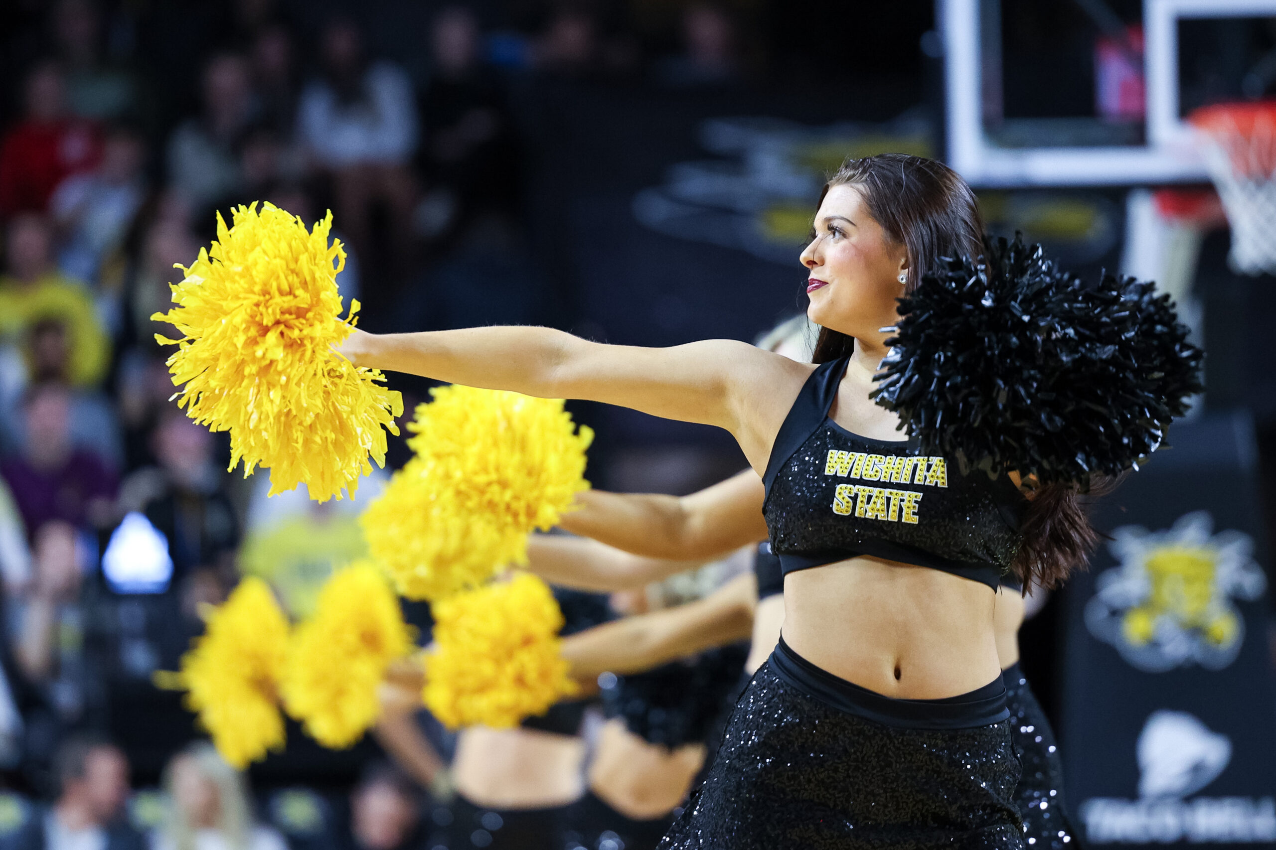 Jan 29, 2025; Wichita, Kansas, USA; Wichita State Shockers cheerleaders perform during the first half against the North Texas Mean Green at Charles Koch Arena. Mandatory Credit: William Purnell-Imagn Images