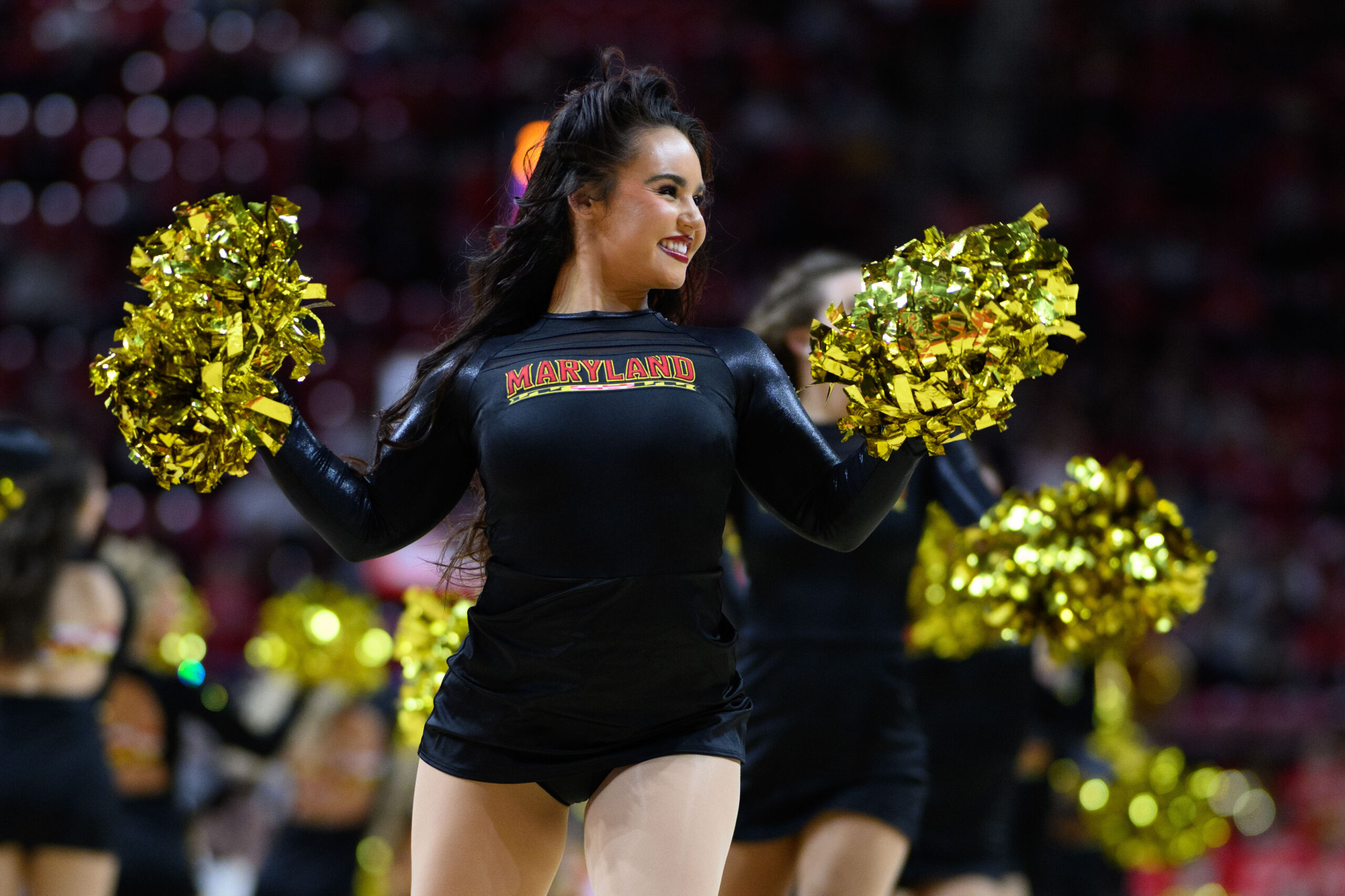 Feb 16, 2025; College Park, Maryland, USA; Maryland Terrapins cheerleaders perform prior to the game between the Maryland Terrapins and the Iowa Hawkeyes at Xfinity Center. Mandatory Credit: Reggie Hildred-Imagn Images