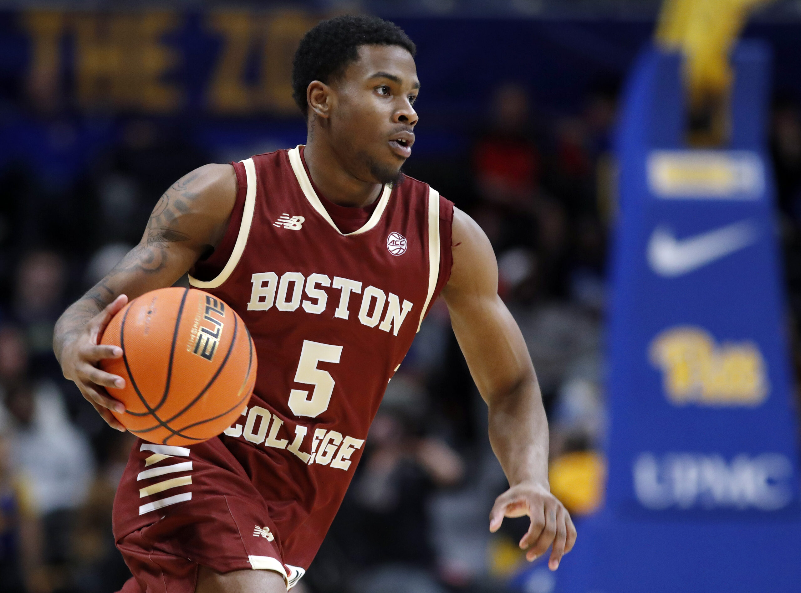 Mar 8, 2025; Pittsburgh, Pennsylvania, USA; Boston College Eagles guard Fred Payne (5) dribbles the ball against the Pittsburgh Panthers during the second half at the Petersen Events Center. Mandatory Credit: Charles LeClaire-Imagn Images