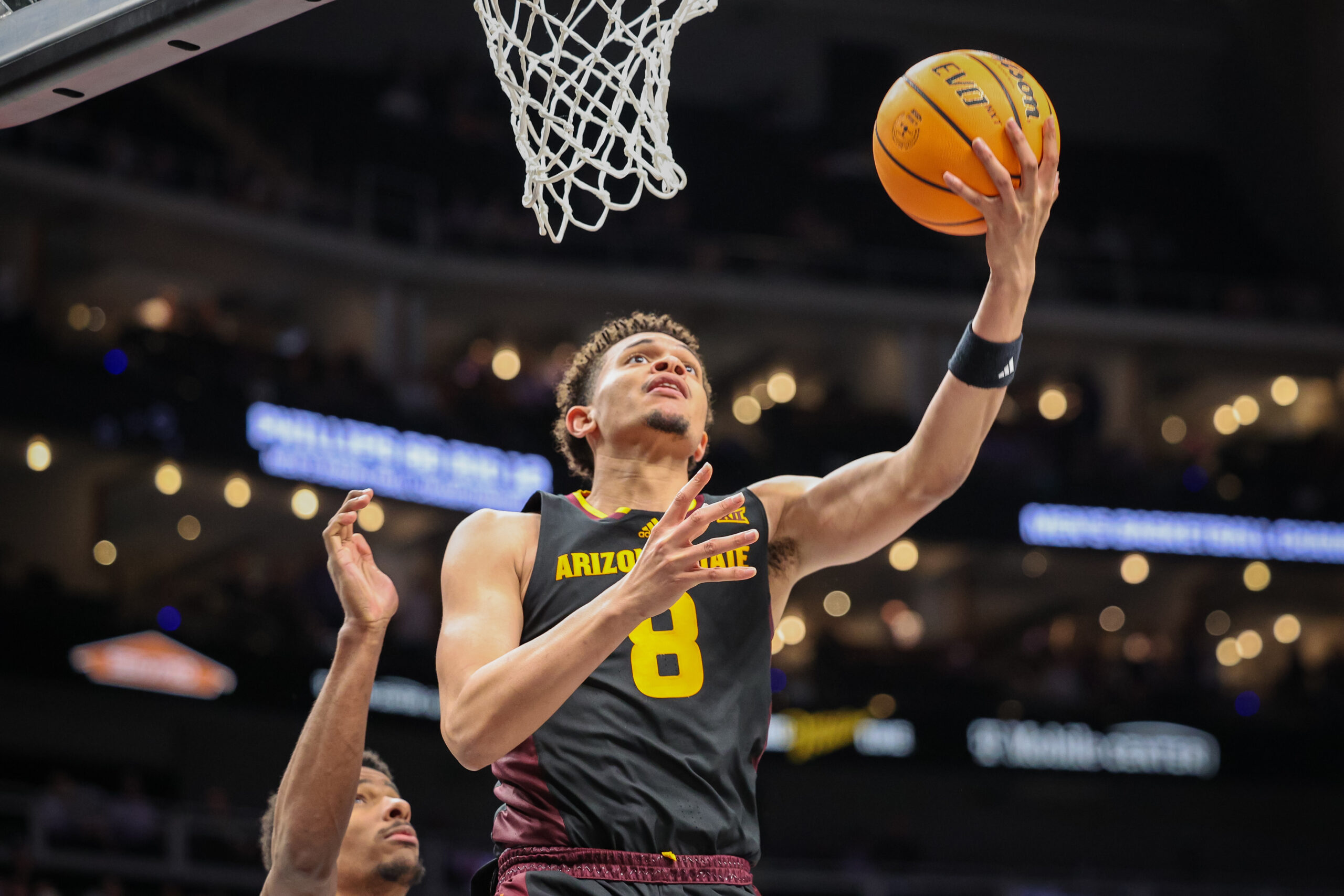 Mar 11, 2025; Kansas City, MO, USA; Arizona State Sun Devils forward Basheer Jihad (8) shoots the ball during the second half against the Kansas State Wildcats at T-Mobile Center. Mandatory Credit: William Purnell-Imagn Images