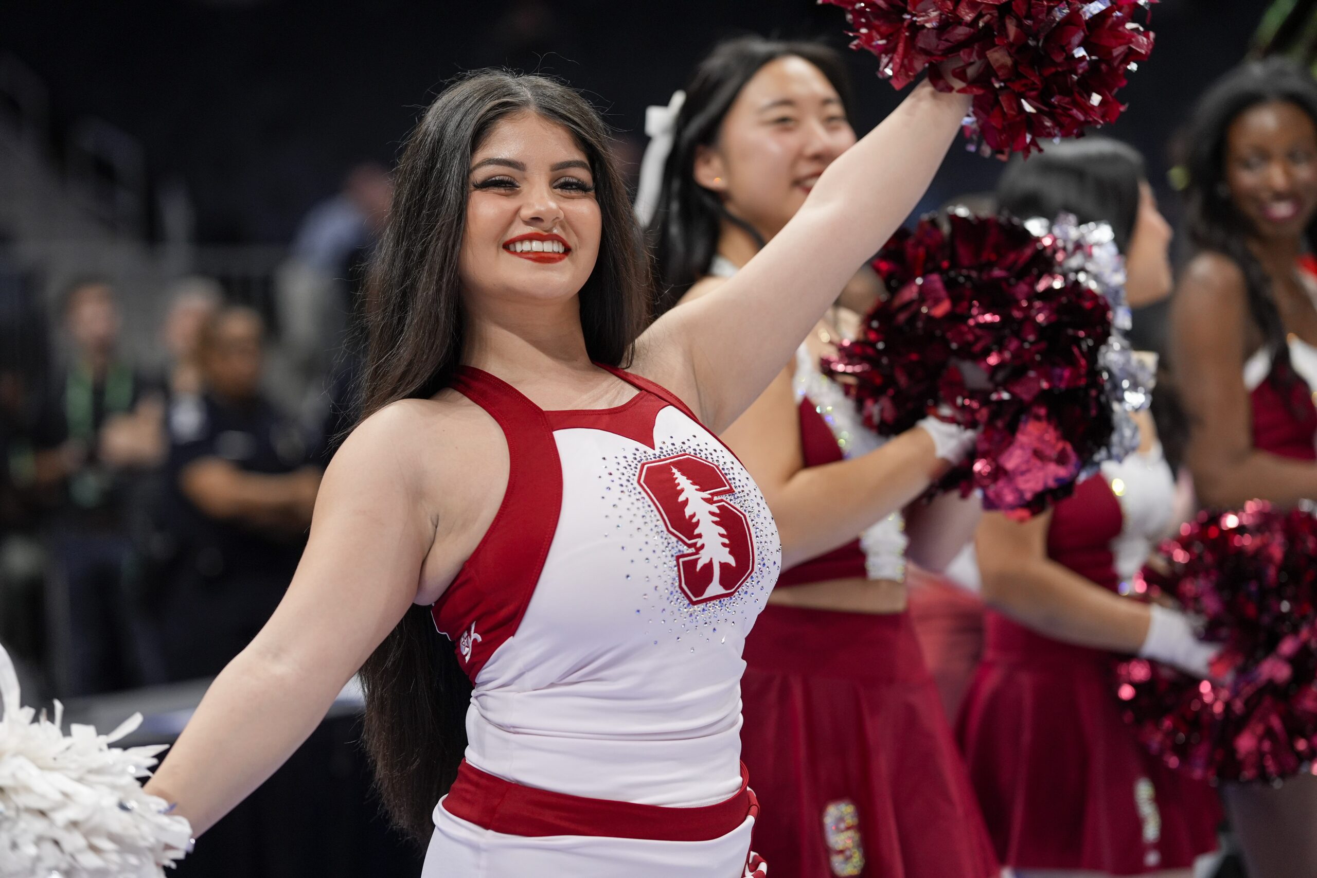 Mar 12, 2025; Charlotte, NC, USA; Stanford Cardinal cheerleaders during the first half against the California Golden Bears at Spectrum Center. Mandatory Credit: Jim Dedmon-Imagn Images