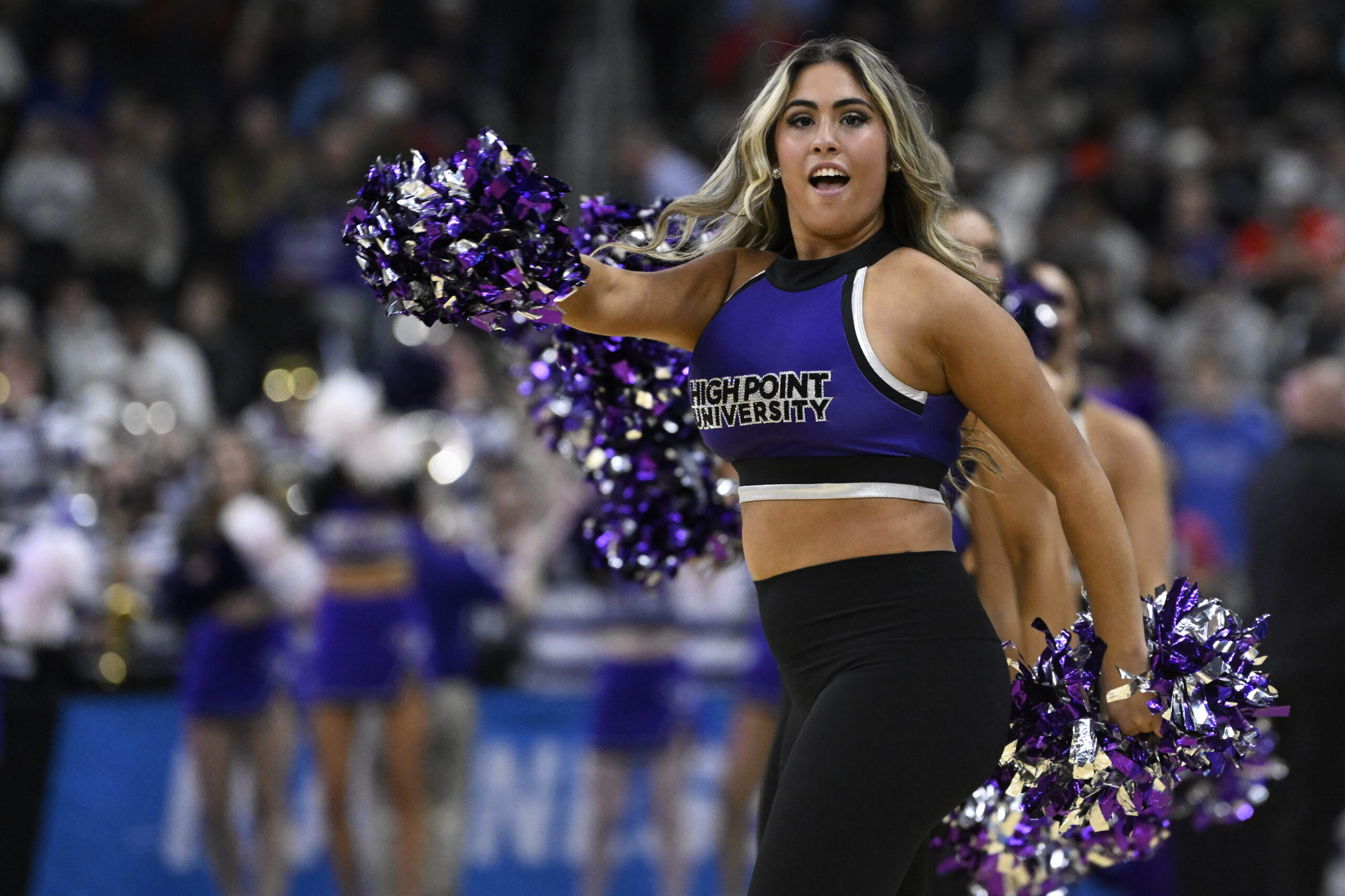 Mar 20, 2025; Providence, RI, USA; High Point Panthers cheerleaders perform during the first half against the Purdue Boilermakers at Amica Mutual Pavilion. Mandatory Credit: Eric Canha-Imagn Images