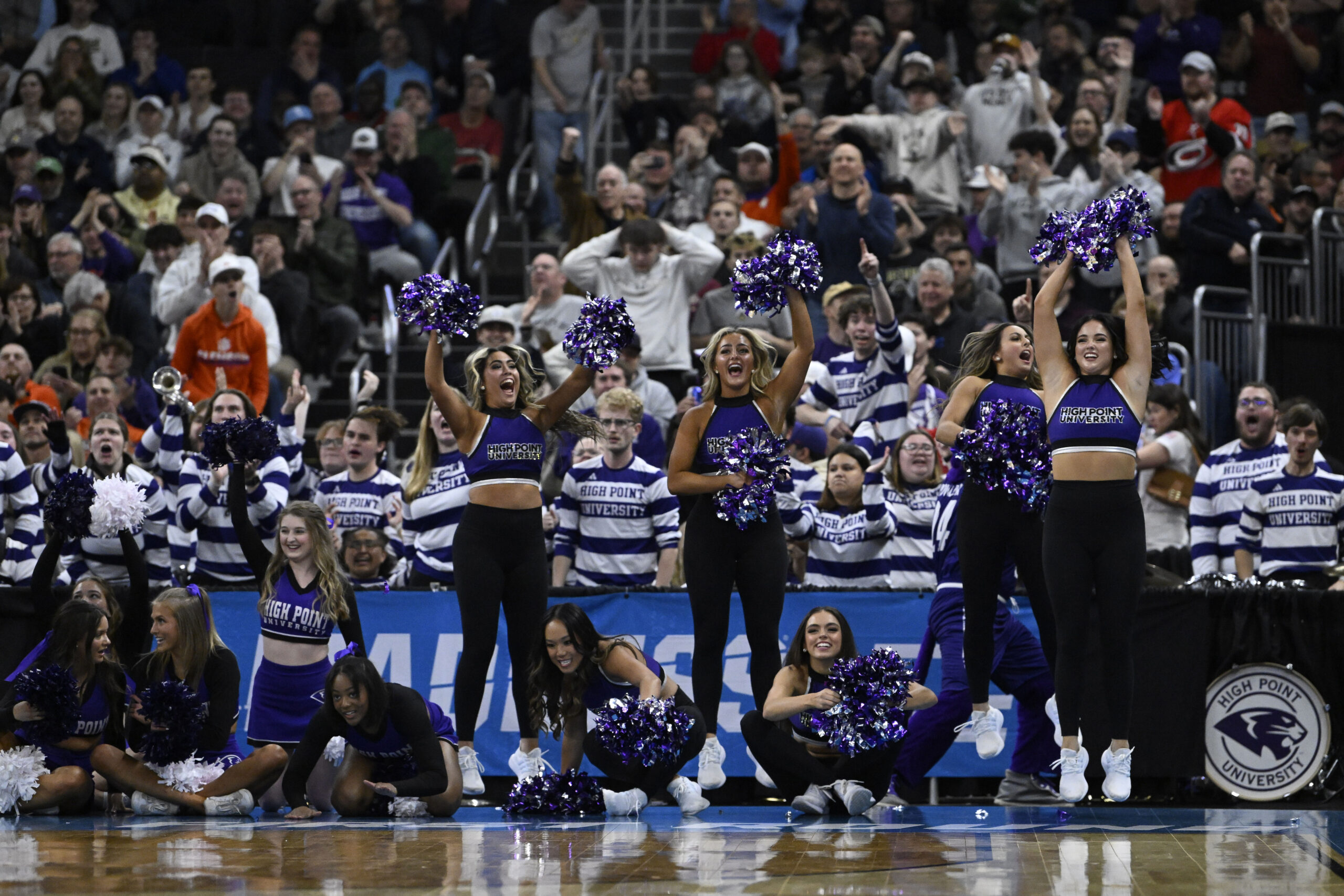 Mar 20, 2025; Providence, RI, USA; High Point Panthers cheerleaders perform during the second half against the Purdue Boilermakers at Amica Mutual Pavilion. Mandatory Credit: Eric Canha-Imagn Images