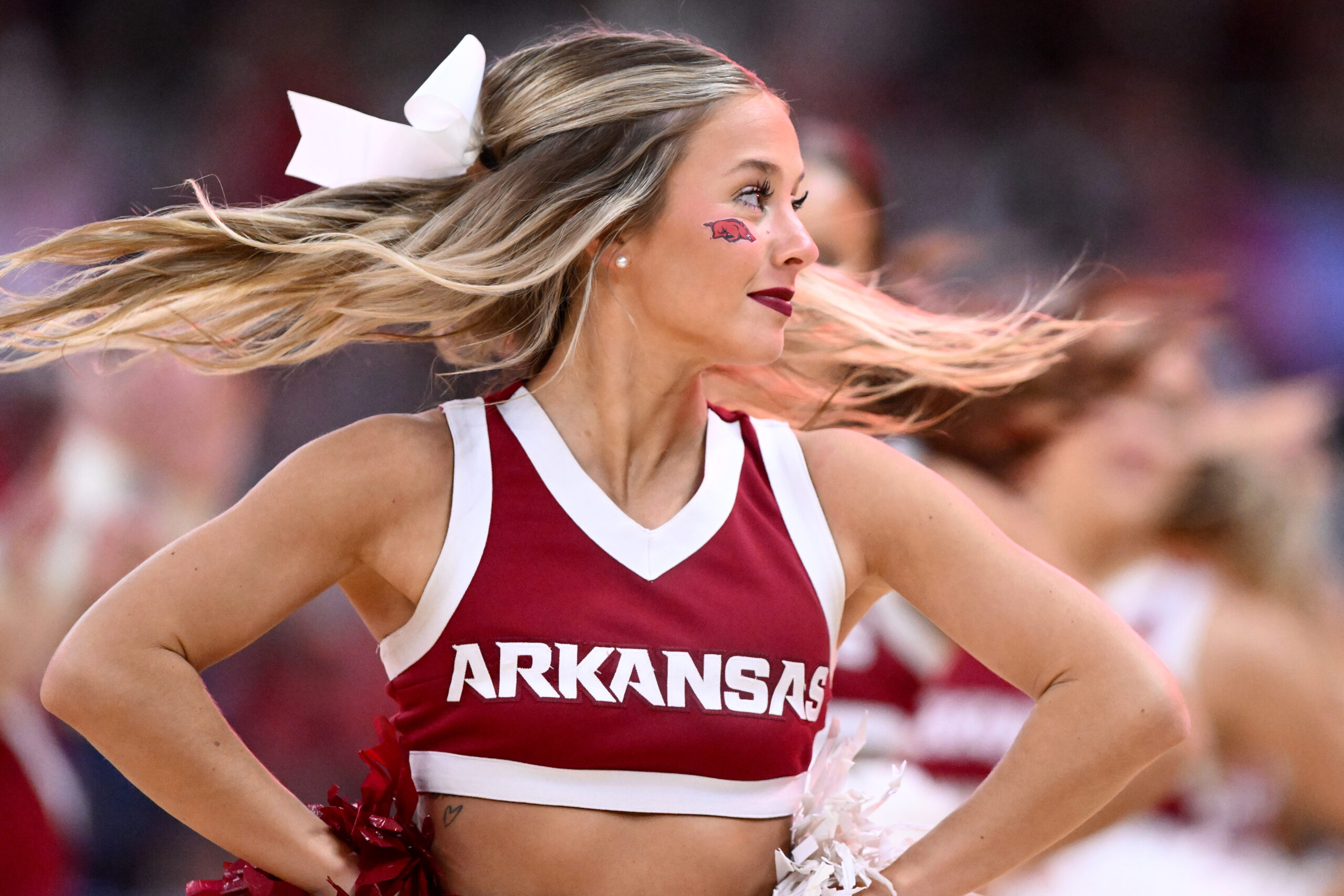 Mar 22, 2025; Providence, RI, USA; Arkansas Razorbacks cheerleaders perform during a second round men’s NCAA Tournament game against the St. John's Red Storm at Amica Mutual Pavilion. Mandatory Credit: Brian Fluharty-Imagn Images