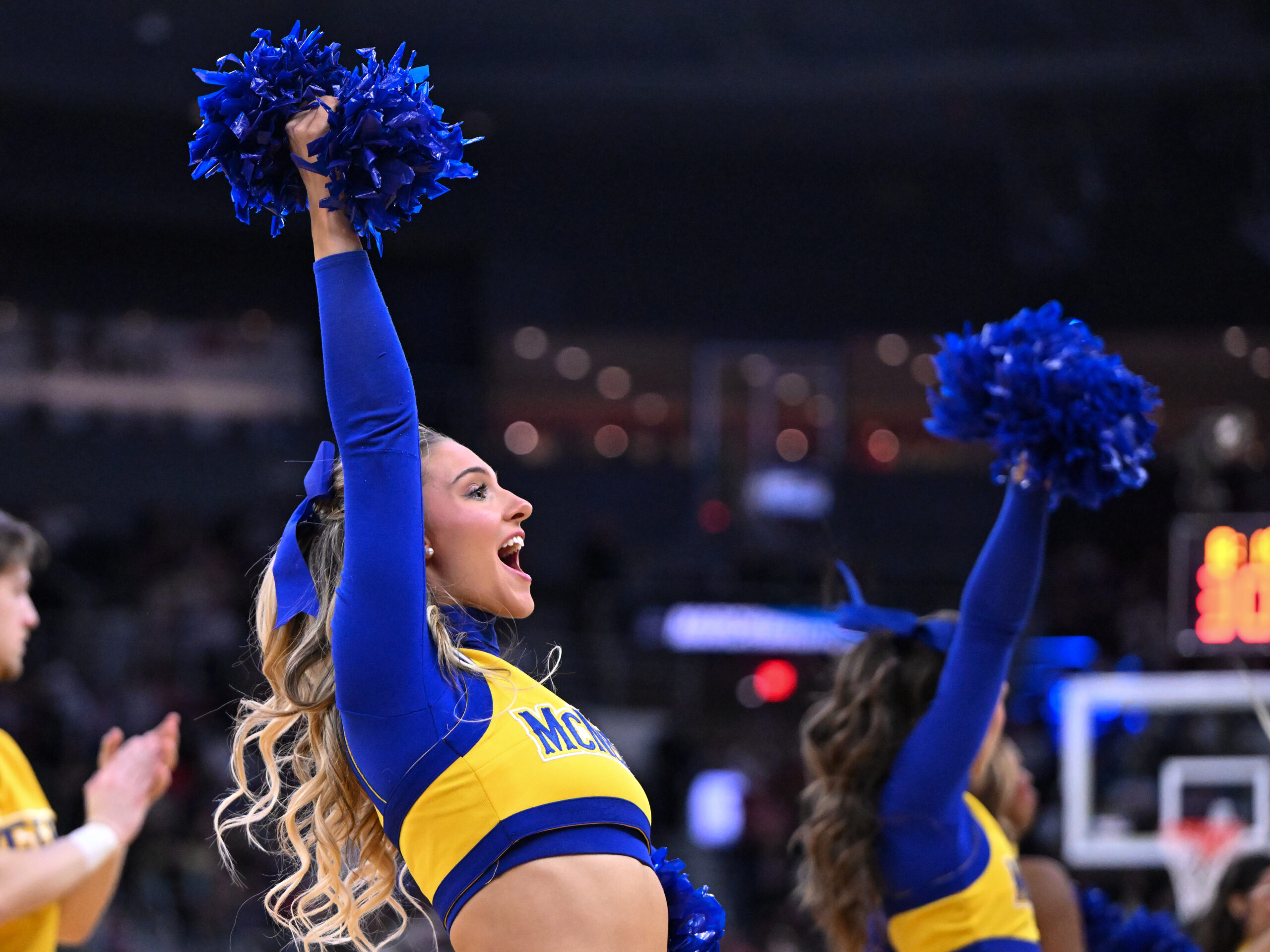 Mar 22, 2025; Providence, RI, USA; McNeese State Cowboys cheerleaders performs during a second round men’s NCAA Tournament game against the Purdue Boilermakers at Amica Mutual Pavilion. Mandatory Credit: Brian Fluharty-Imagn Images