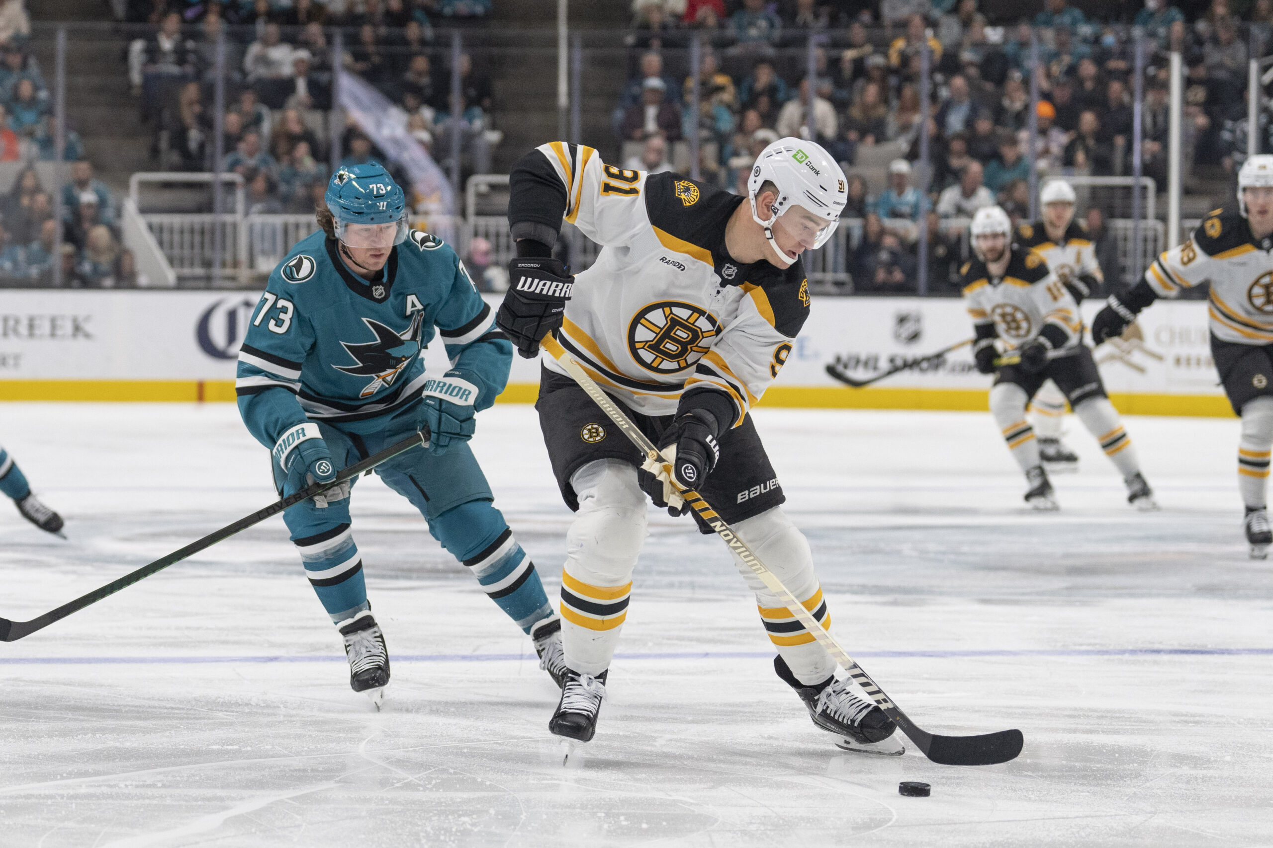 Mar 22, 2025; San Jose, California, USA;  Boston Bruins defenseman Nikita Zadorov (91) controls the puck during the second period against San Jose Sharks center Tyler Toffoli (73) at SAP Center at San Jose. Mandatory Credit: Stan Szeto-Imagn Images