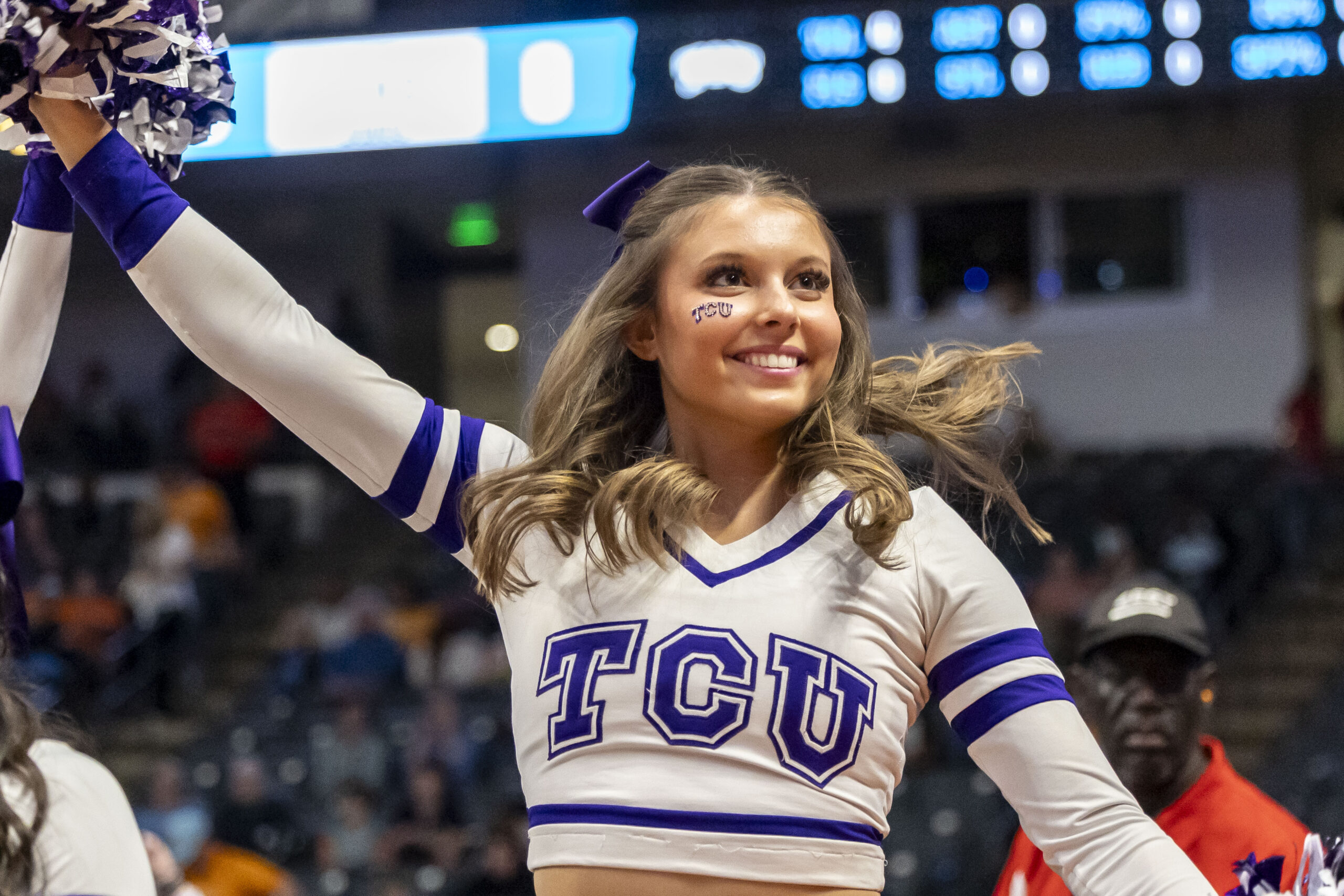 Mar 29, 2025; Birmingham, AL, USA; TCU Horned Frogs cheerleaders perform before the first half of a Sweet 16 NCAA Tournament basketball game against the Notre Dame Fighting Irish at Legacy Arena. Mandatory Credit: Vasha Hunt-Imagn Images