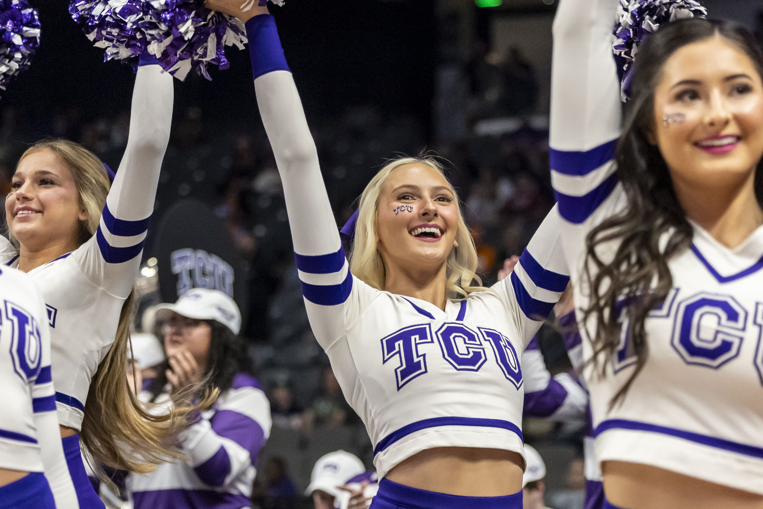 Mar 29, 2025; Birmingham, AL, USA; TCU Horned Frogs cheerleaders perform before the first half of a Sweet 16 NCAA Tournament basketball game against the Notre Dame Fighting Irish at Legacy Arena. Mandatory Credit: Vasha Hunt-Imagn Images