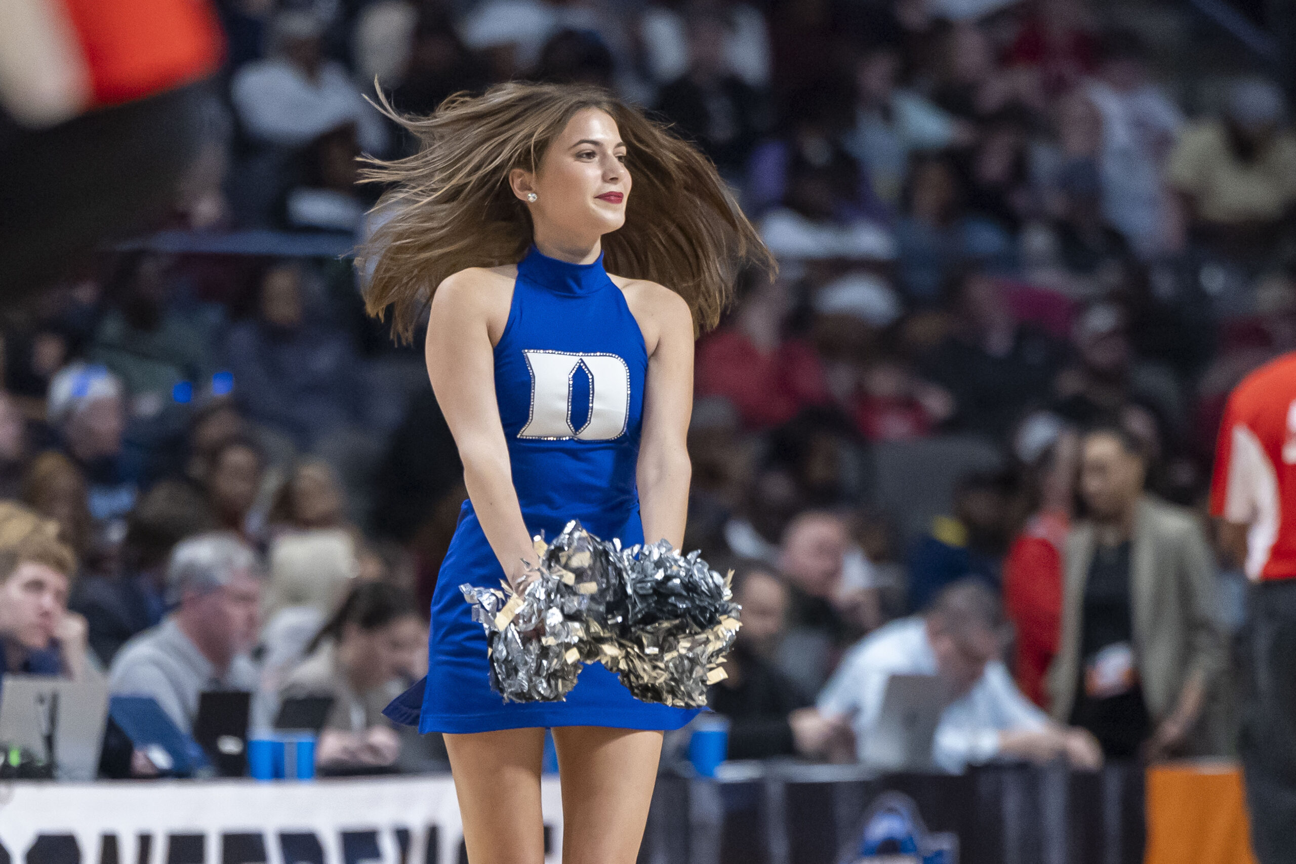 Mar 30, 2025; Birmingham, AL, USA; The Duke Blue Devils cheerleaders perform during the second half of an Elite 8 NCAA Tournament basketball game against the South Carolina Gamecocks at Legacy Arena. Mandatory Credit: Vasha Hunt-Imagn Images