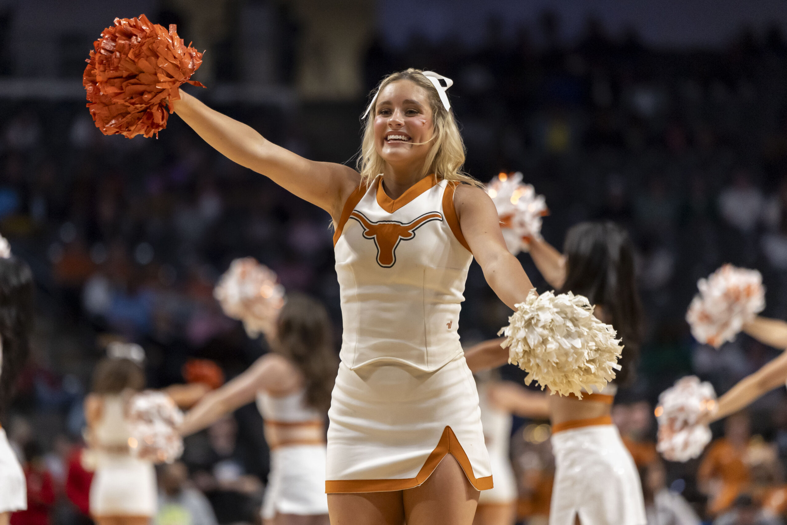 Mar 31, 2025; Birmingham, AL, USA; The Texas Longhorns cheerleaders perform during the second half of an Elite 8 NCAA Tournament basketball game against the TCU Horned Frogs at Legacy Arena. Mandatory Credit: Vasha Hunt-Imagn Images
