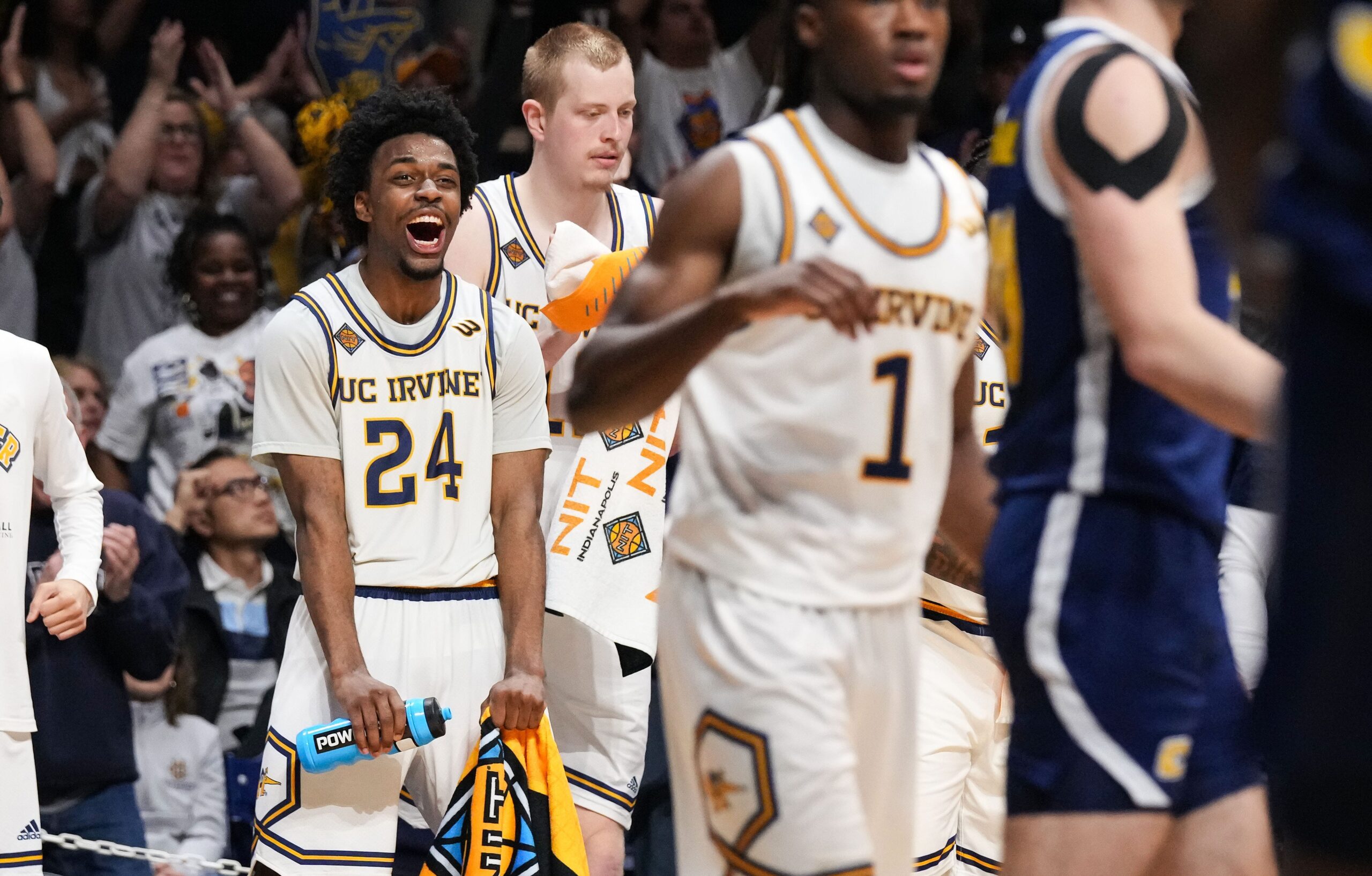 UC Irvine Anteaters guard Jurian Dixon (24) yells one excitement Thursday, April 3, 2025, during the National Invitational Tournament at Hinkle Fieldhouse in Indianapolis.