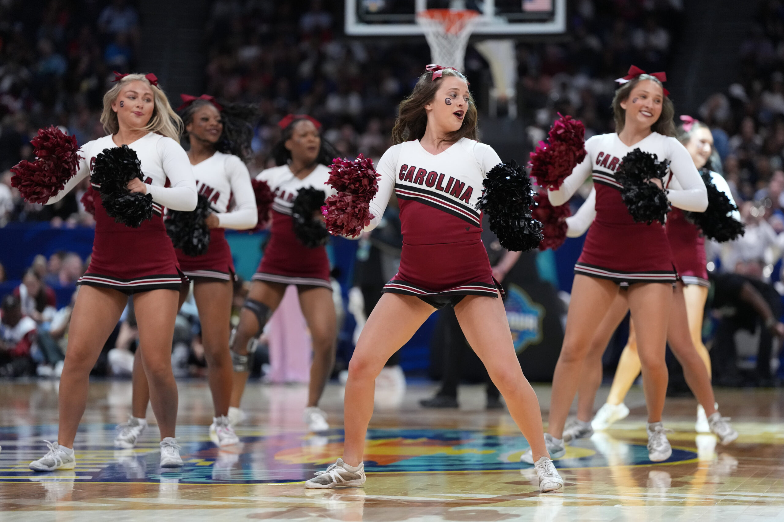 Apr 4, 2025; Tampa, FL, USA;  South Carolina Gamecocks cheerleaders perform during the third quarter in a semifinal of the women's 2025 NCAA tournament against the Texas Longhorns at Amalie Arena. Mandatory Credit: Kirby Lee-Imagn Images