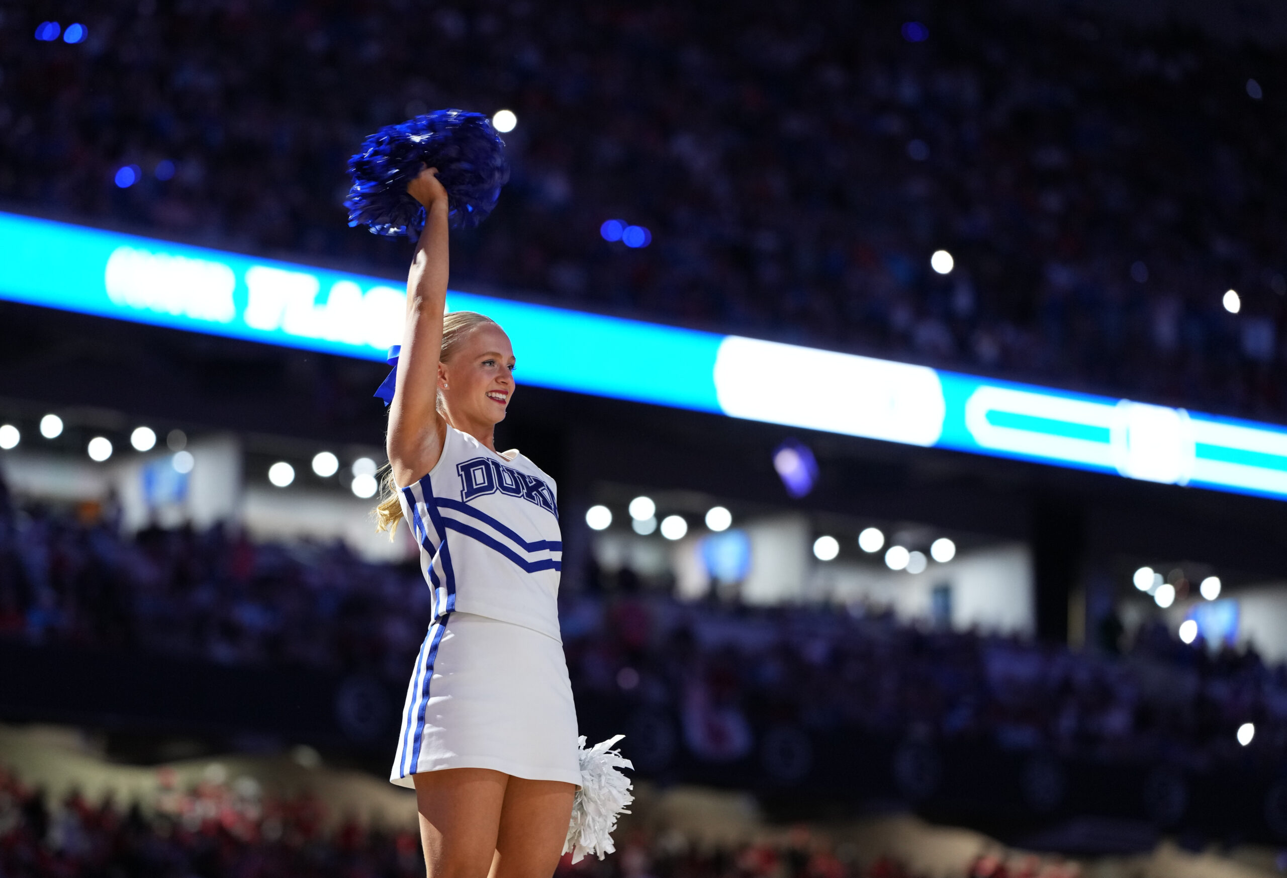 Apr 5, 2025; San Antonio, TX, USA; Duke Blue Devils cheerleaders perform before a semifinal of the men's Final Four of the 2025 NCAA Tournament at the Alamodome. Mandatory Credit: Bob Donnan-Imagn Images