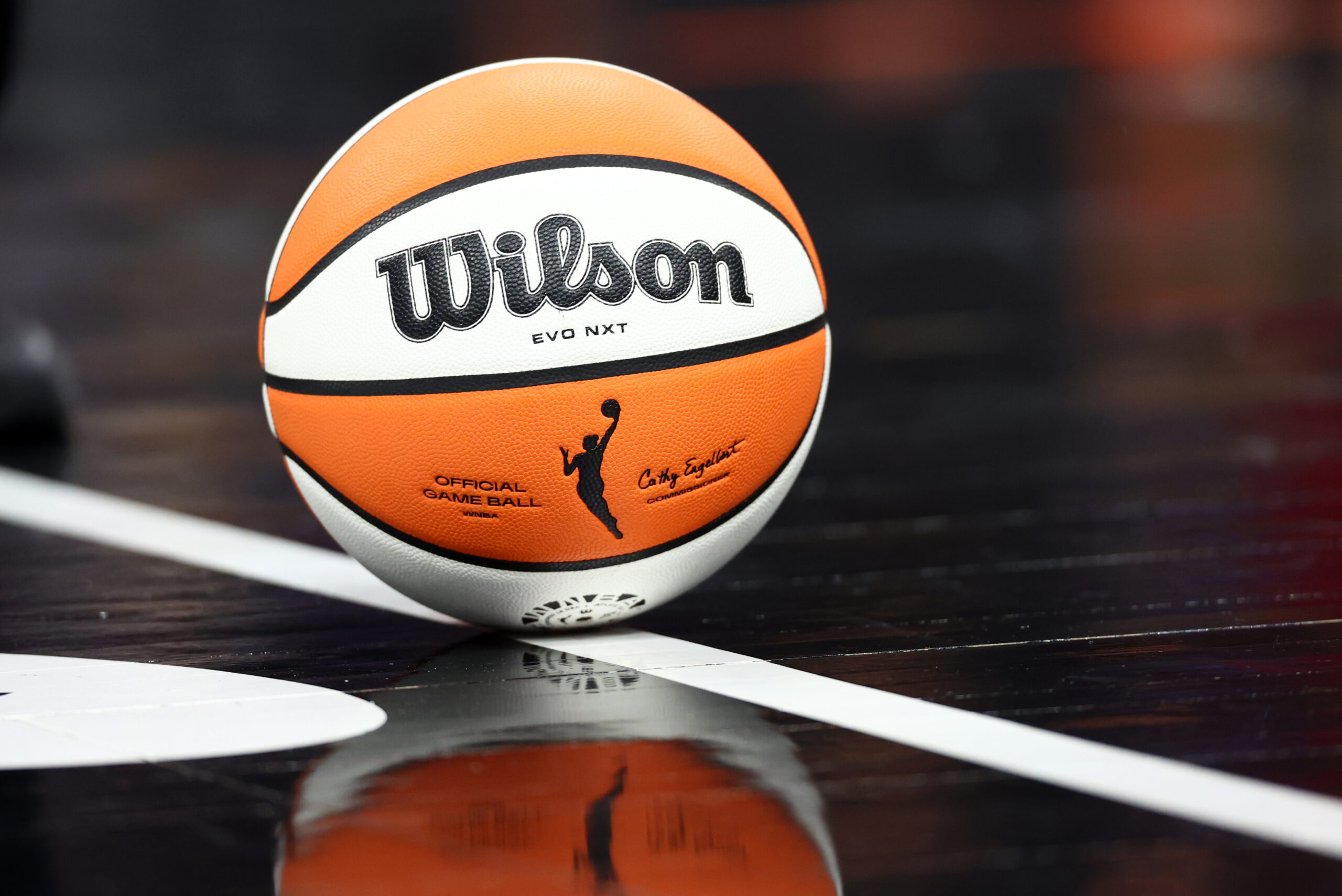 Aug 10, 2025; Phoenix, Arizona, USA; Detailed view of an official Wilson WNBA basketball at PHX Arena. Mandatory Credit: Mark J. Rebilas-Imagn Images