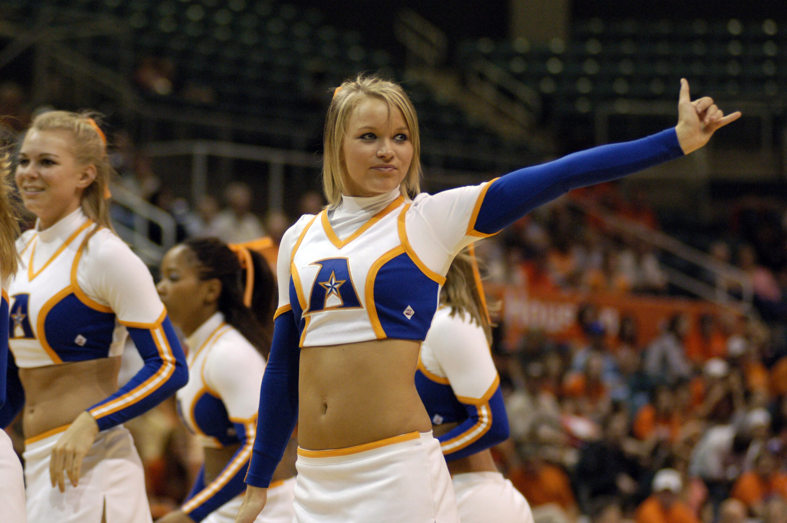 Mar 14, 2008; Katy, TX, USA; A UT Arlington Mavericks cheerleader cheers for Mavericks the against the Sam Houston Bearkats in the second half of the Southland Conference Tournament at the Merrell Center. Texas Arlington defeated Sam Houston State 72-66. Mandatory Credit: Brett Davis-Imagn Images