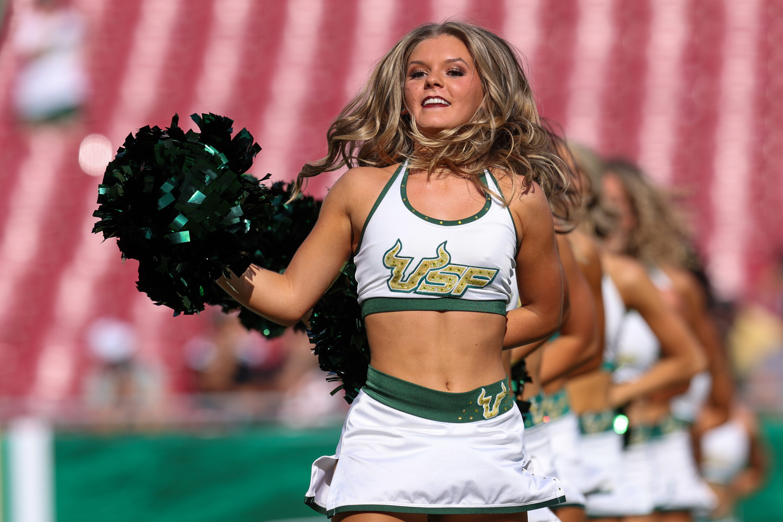 Aug 28, 2025; Tampa, Florida, USA; South Florida Bulls cheerleaders entertain fans before a game against the Boise State Broncos at Raymond James Stadium. Mandatory Credit: Nathan Ray Seebeck-Imagn Images